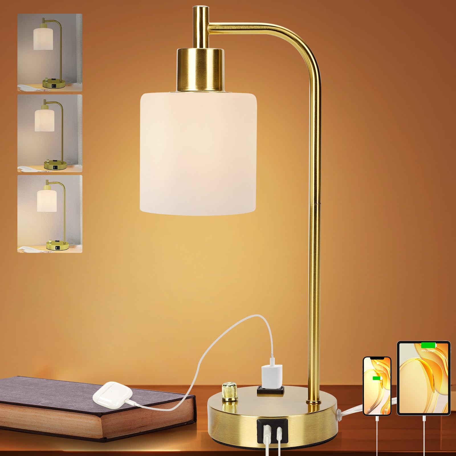 Industrial Table Lamp, Stepless Dimmable Gold Desk Lamp,Gold Table Lamp with 2 USB Ports and AC Power Outlet, Frosted GlassShade