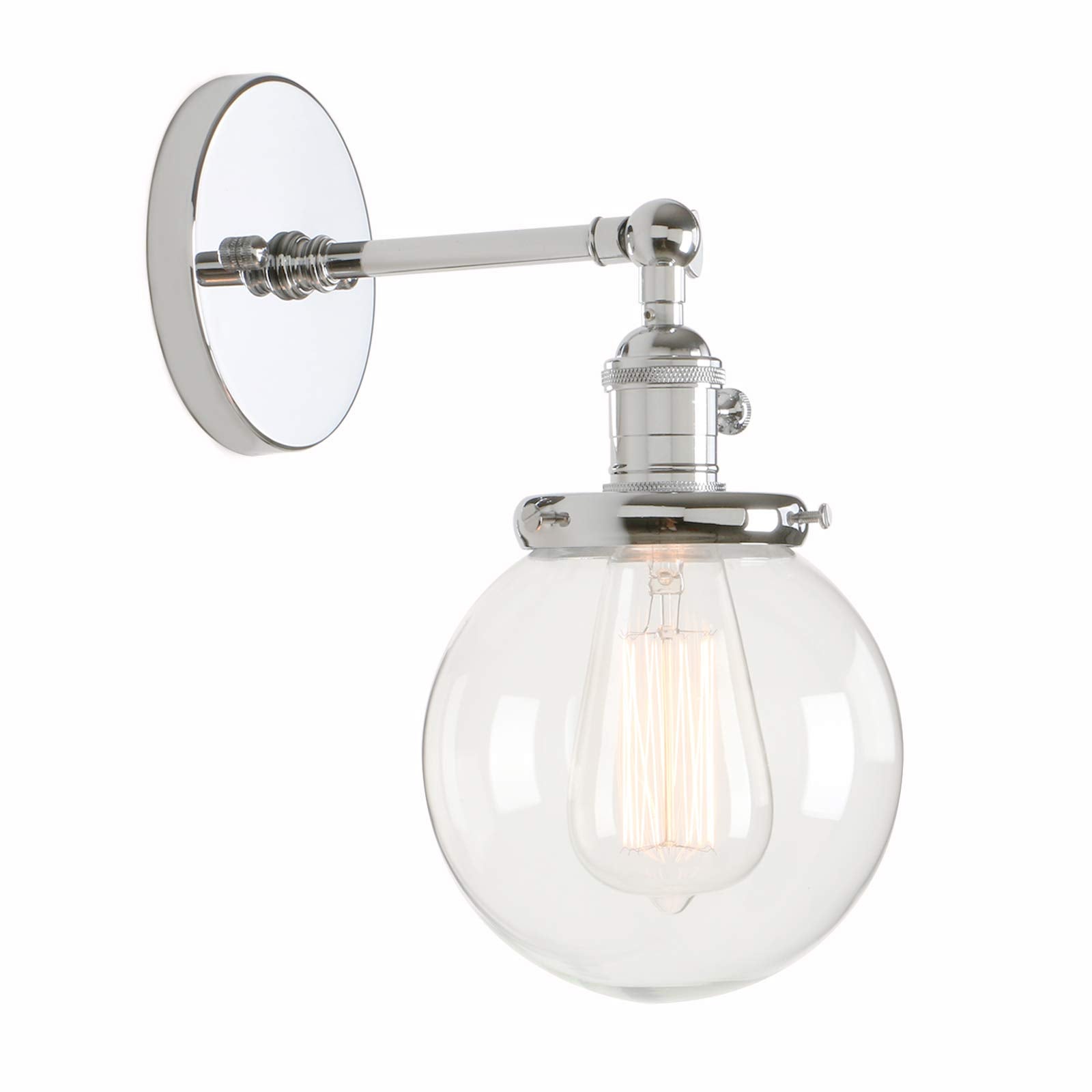 Permo Vintage Industrial Wall Sconce Lighting Fixture With Mini 5.9 Round Clear Glass Globe Hand Blown Shade (Chrome)