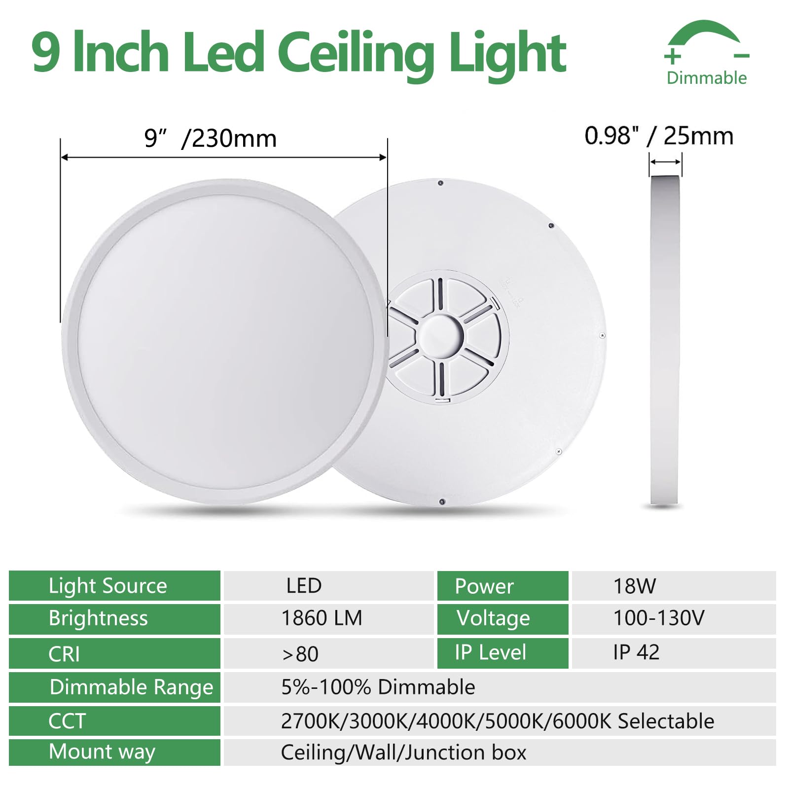 Dimmable 9 Inch Led Flush Mount Ceiling Light, 2700K/3000K/4000K/5000K/6000K Cct Selectable,18W 1860Lm Round Flat Panel Light Lo