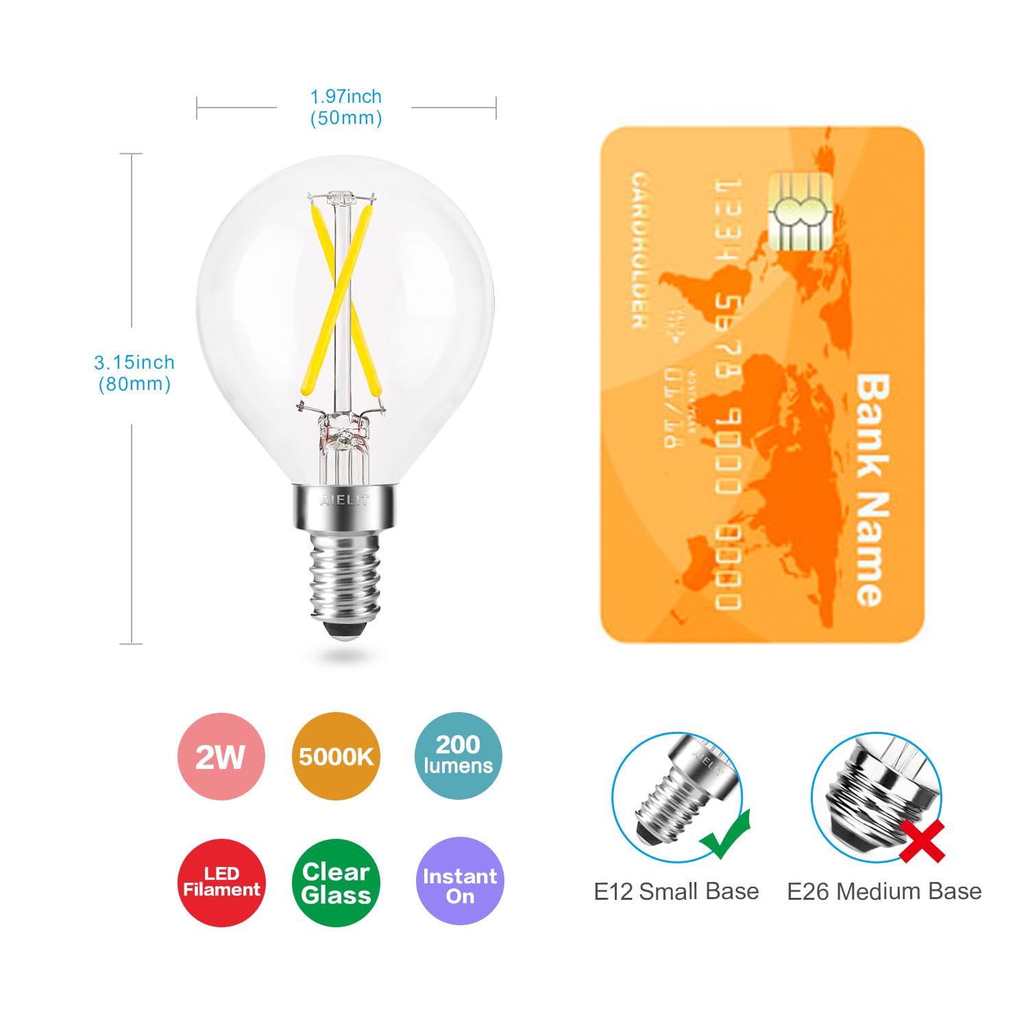 Aielit Dimmable 2 Watt Candelabra Led Light Bulb(25W Equivalent), Globe E12 Led Bulb, Small Chandelier Base, G15 Filament Edison