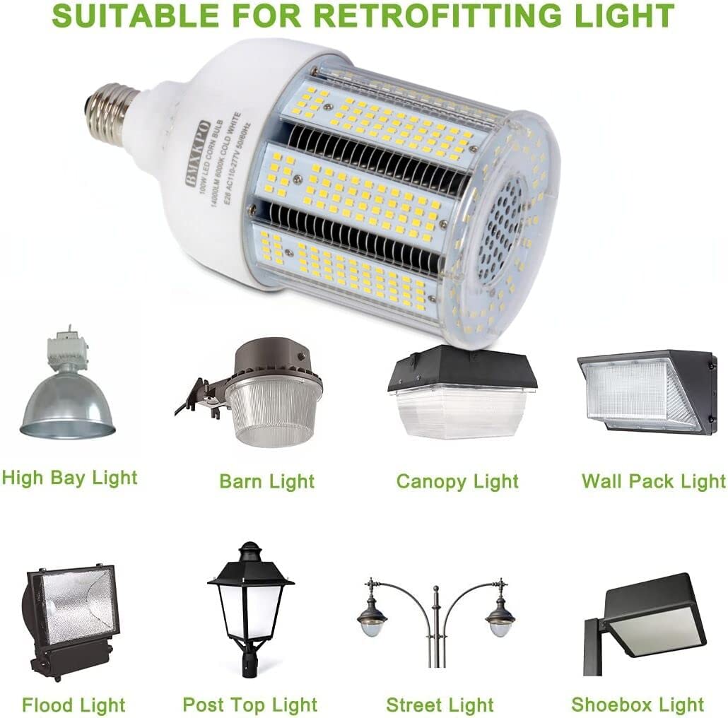 BMXKPO 100W LED Corn Cob Light Bulb, 5000K Daylight, E26/E39 Base, 2-Pack, Aluminum, Replacement for 400W Metal Halide