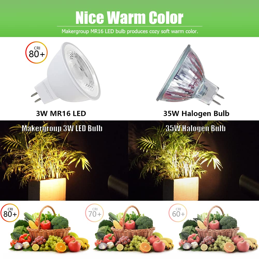 Makergroup MR16 LED Bulb, 3W Bi-pin Base, Warm White 2700K-3000K, 6 Count, Aluminum, Low Voltage Landscape Lighting