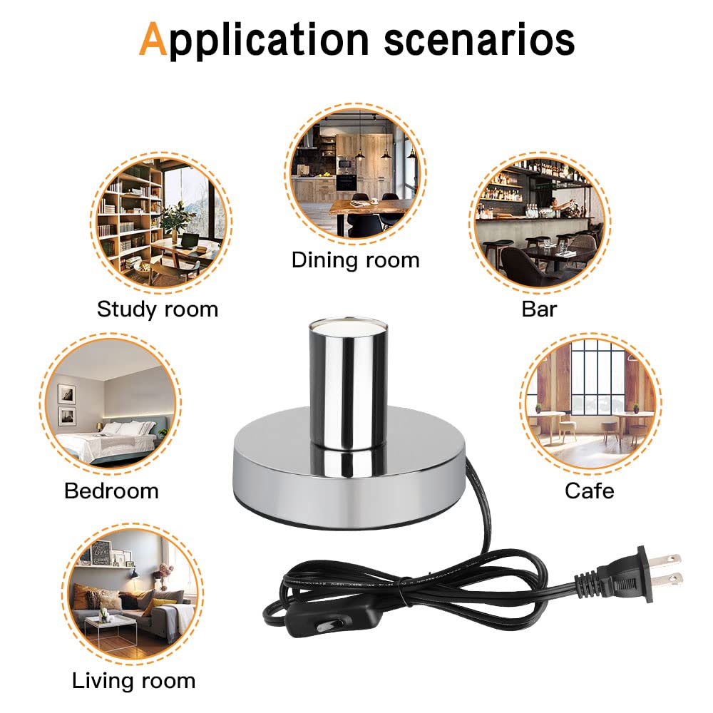 Helunsi Industrial Table Lamp Base, Silver Metal E26/E27 Bulb Holder, Mini Short Desk Lamp With 5.8Ft Cord, Model E507234