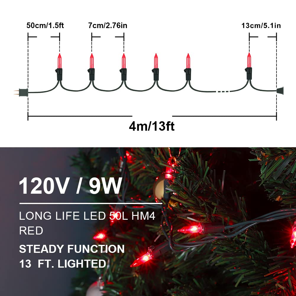 Hopolon 50 LED Red Christmas Lights, 2-Pack Green Wire, 13 Feet Long for Indoor/Outdoor Holiday Decor