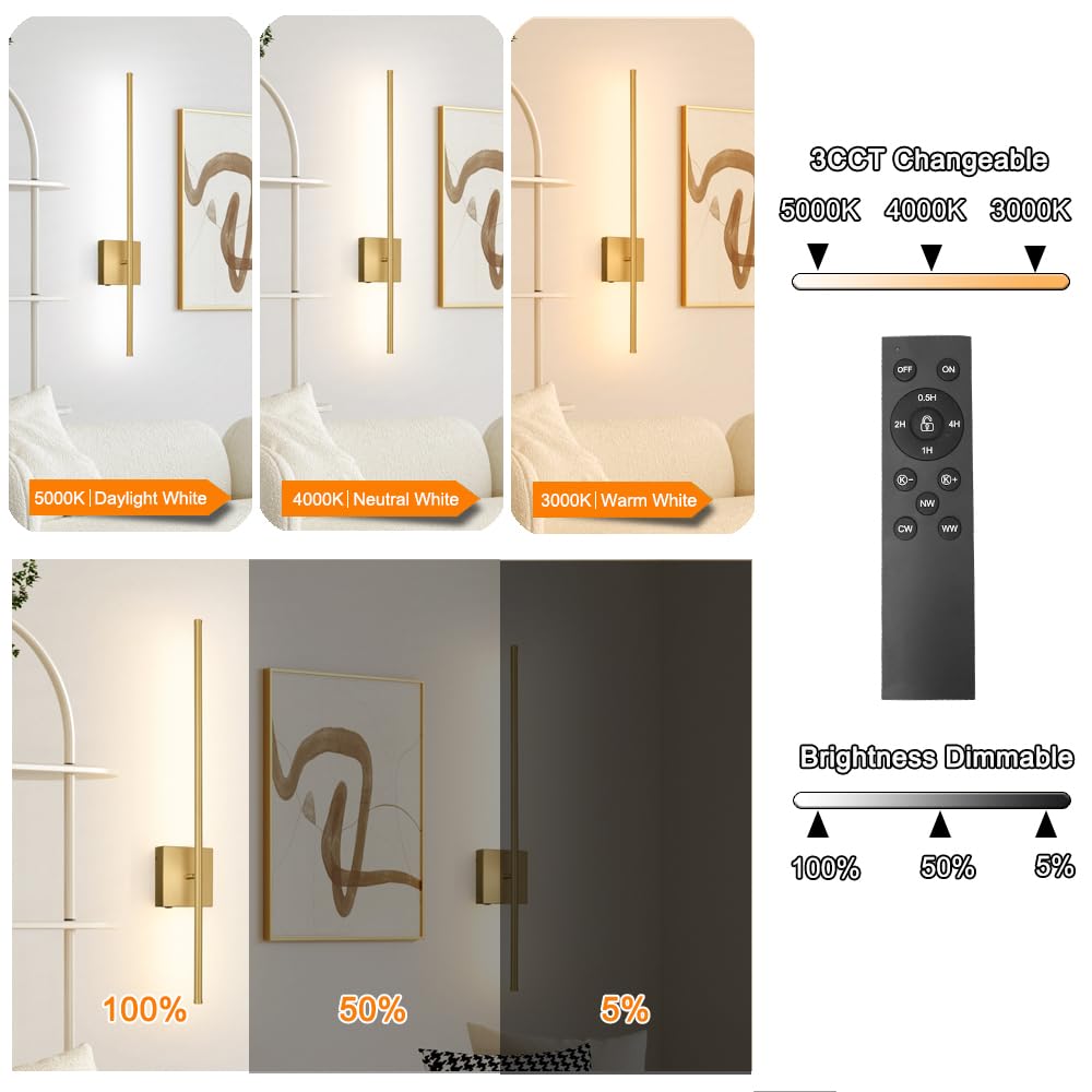 Ditoon Battery Operated Wall Sconce Set of 2, Dimmable Gold USB Rechargeable, 31.6in Wireless Metal Lighting