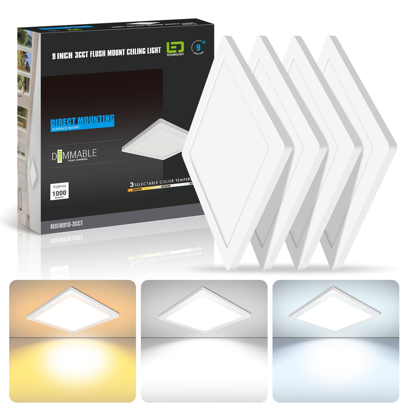 Mw 4 Pack 9 Inch Square Led Flush Mount Ceiling Light, Slim Led Ceiling Lights, Dimmable 18W, 210V, 3000K/4000K/5000K Adjustable