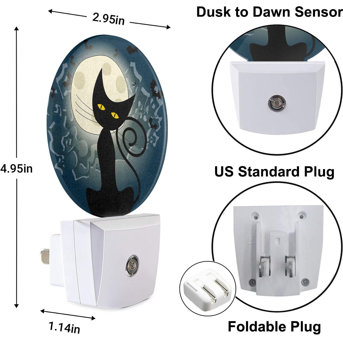 Uanvaha Plug In Fantasy Funny Cat Night Light Full Moon Bats Black Cat Fun Animal Night Lamp Auto On/Off Dusk To Dawn For Bedroo