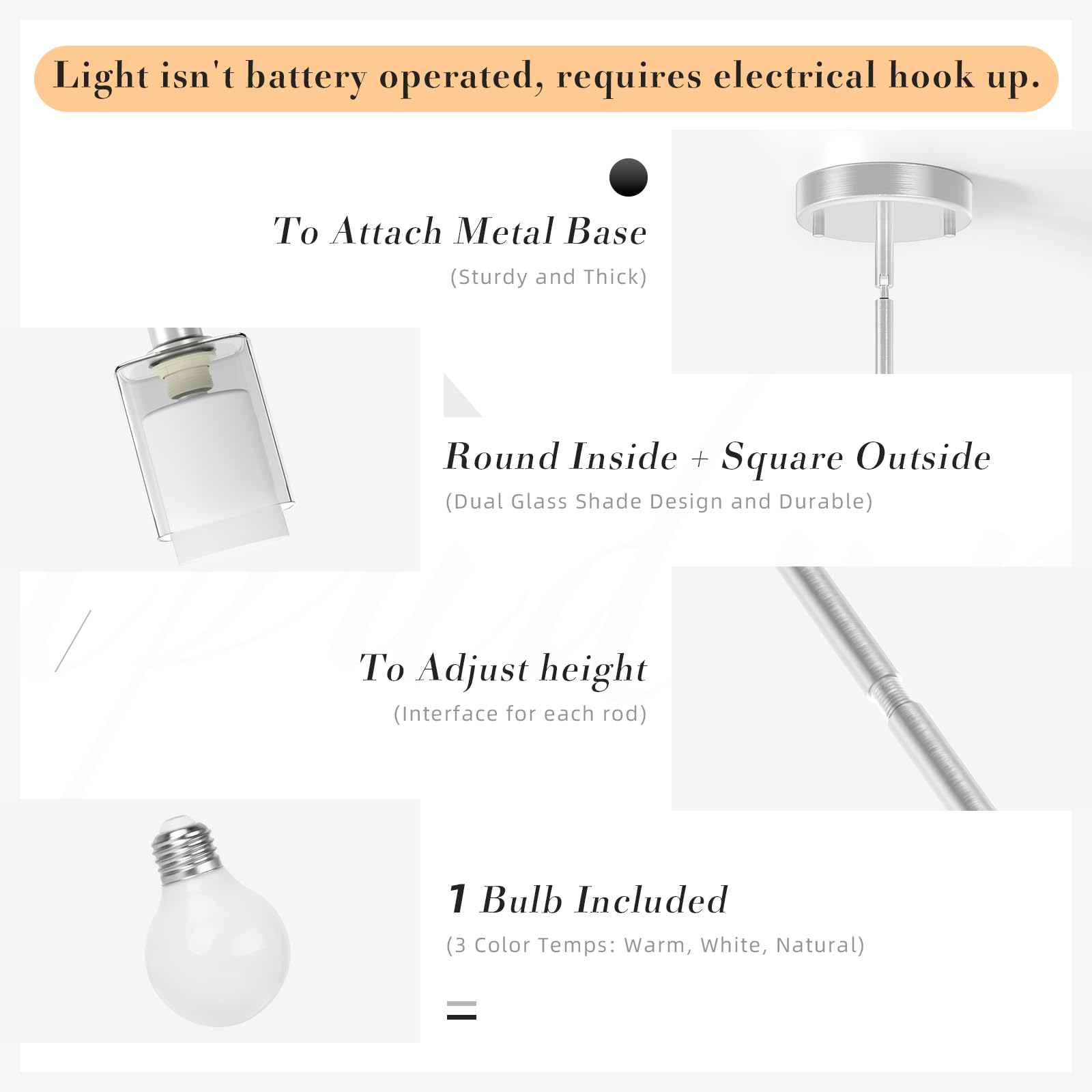 Lightbiz Pendant Light - Adjustable Rod, Clear Dual Glass, 3 Color Temperatures, Brushed Nickel, 2 Pack, Model L400