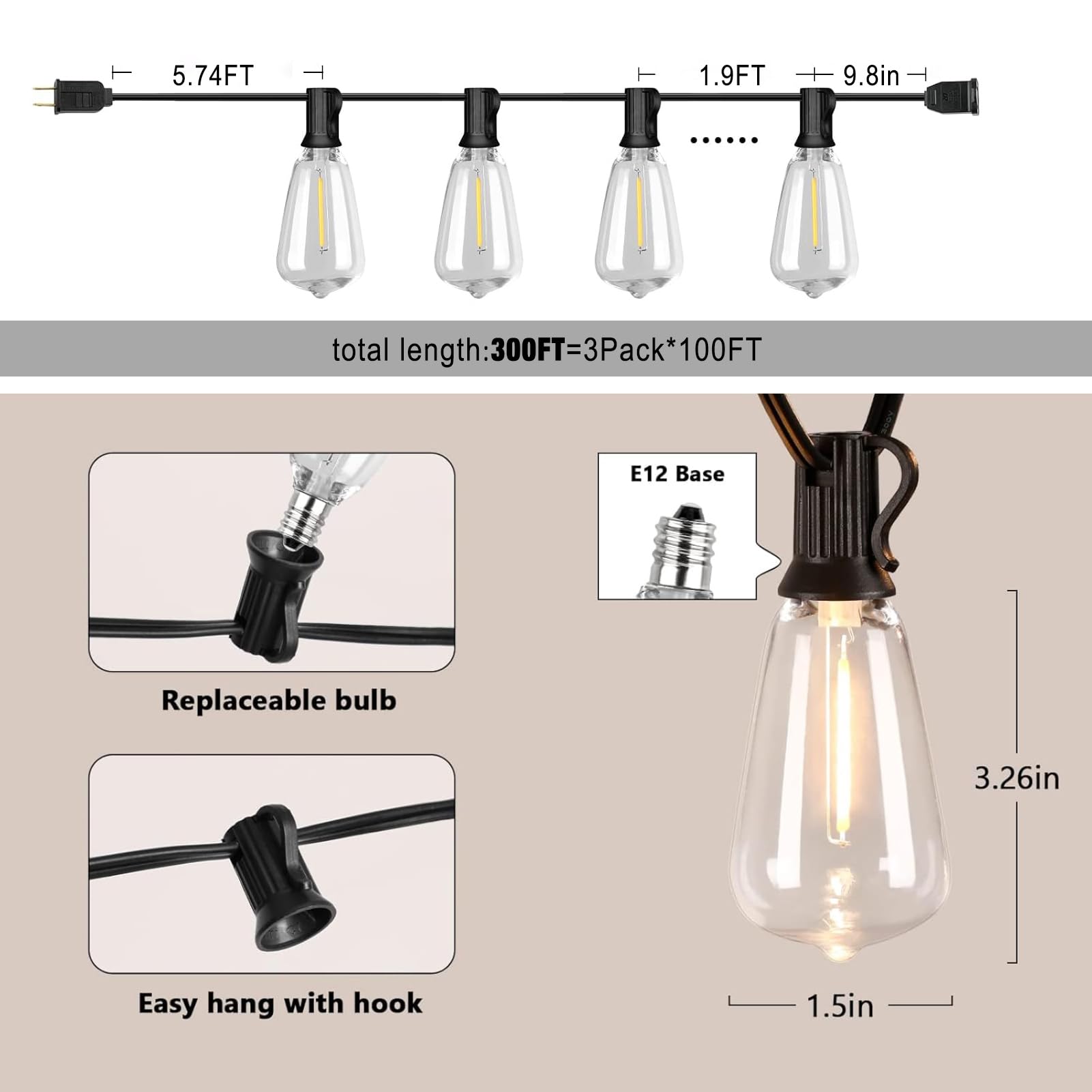 Meidaoduo 300Ft Edison String Lights Outdoor Waterproof With 150+6 Extral Led Shatterproof St38 Edison Bulbs 2200K For Outside P