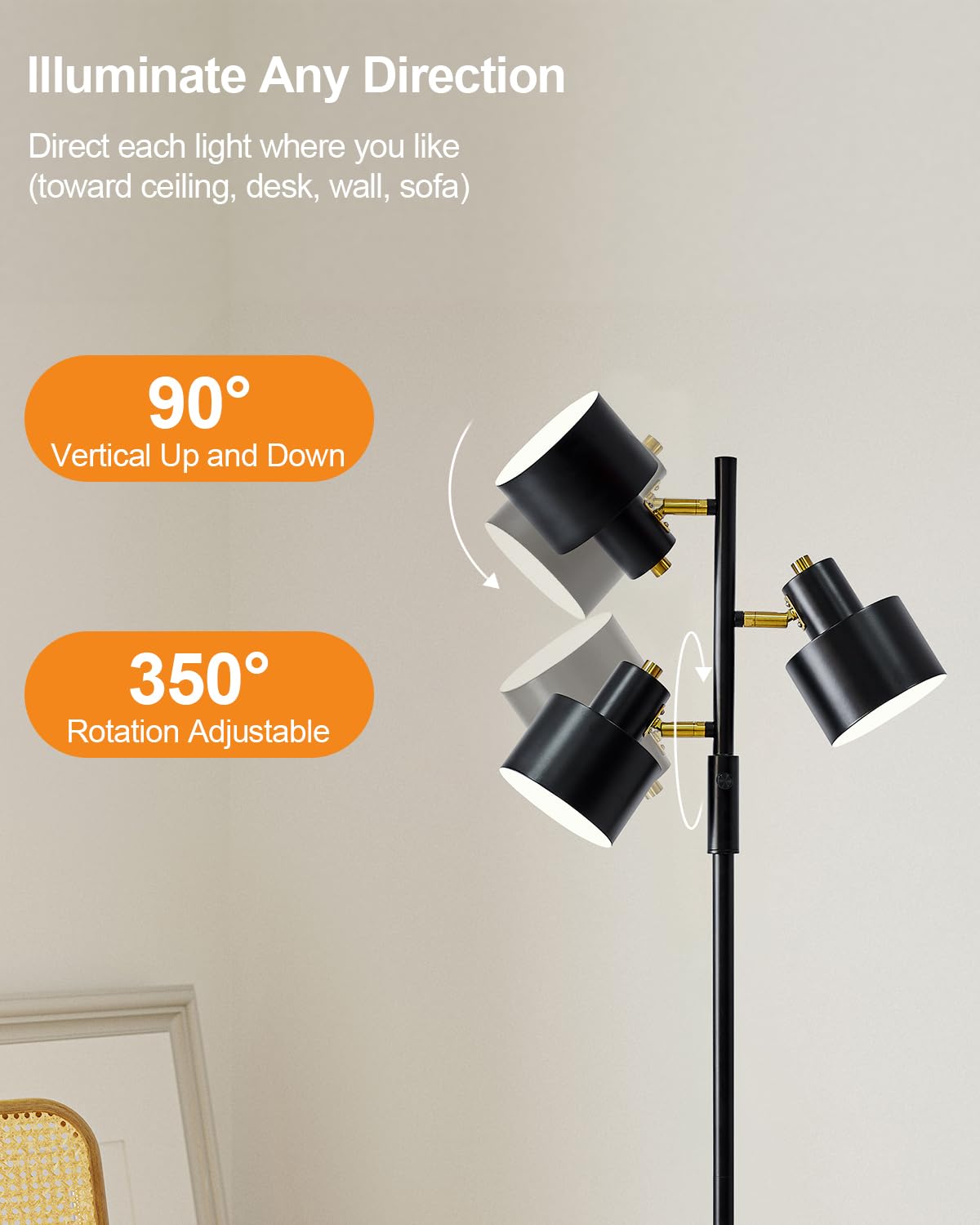 OYEARS Floor Lamp, 3-Light LED Metal Light, Modern Vintage Design, Black, Model AMZ-F475 for Living Room, Office, Bedroom