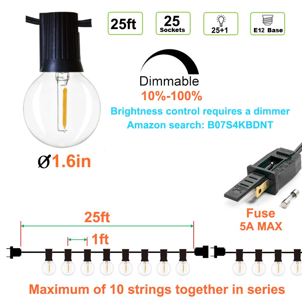 Newpow Outdoor String Lights LED, 25ft, 25+1 Spare Bulbs, Dimmable, Shatterproof, Waterproof, Black Wire, G40
