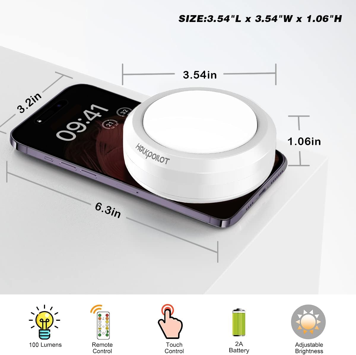 HOLKPOILOT Puck Lights, Remote Control, Battery Operated, 4 Pack, Wireless Stick On Lights, White