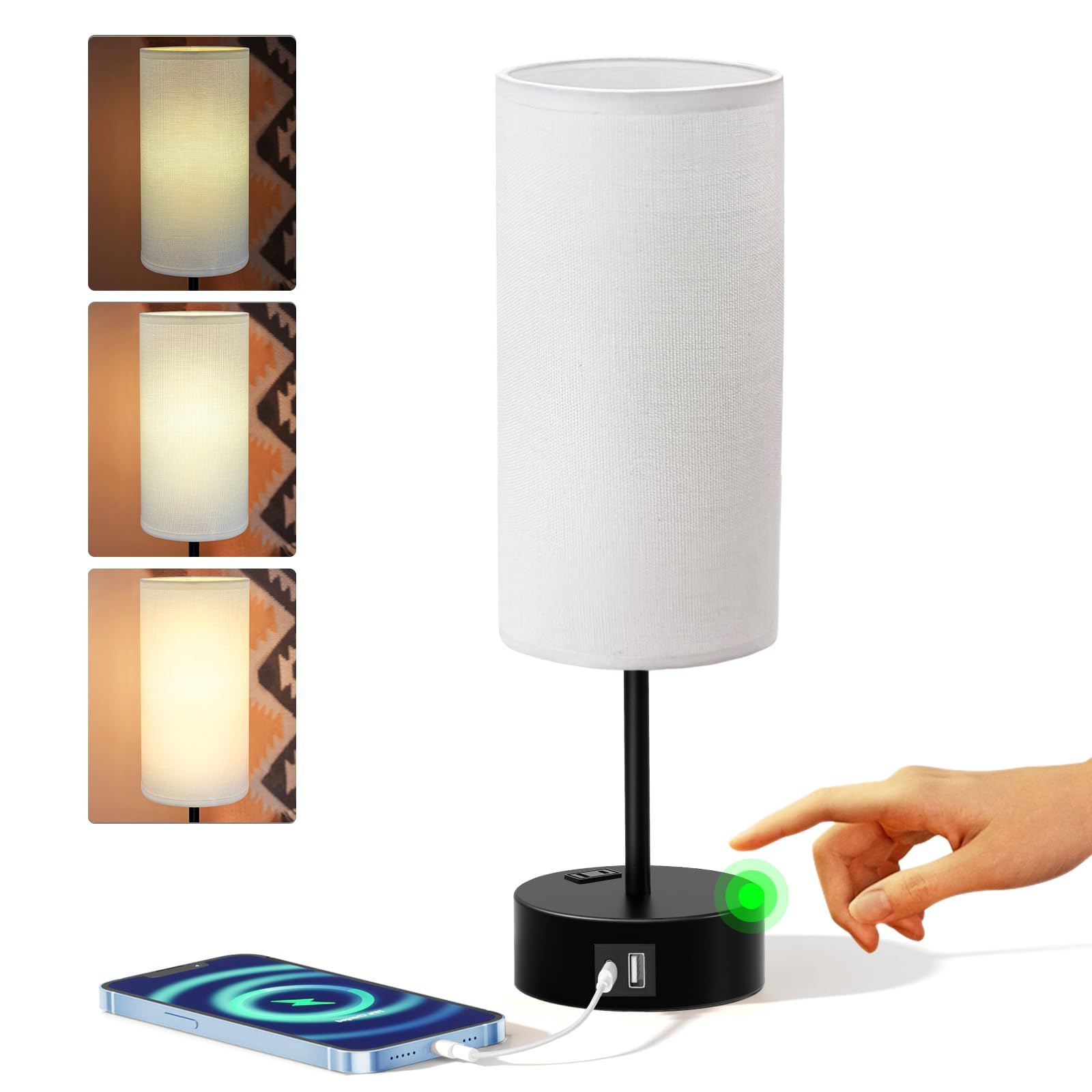 Kpq Small Bedside Lamp Touch Control Table Lamp With Usb A+C Charging Ports & Ac Outlet 3-Way Dimmable Nightstand Lamp With Line