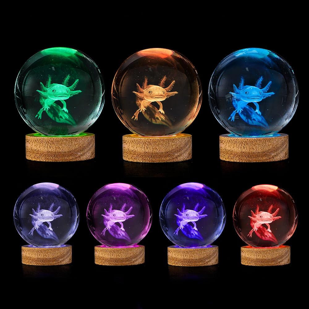 Yylzephb 3D Axolotl Crystal Ball Night Light With Woodern Base,16 Colors With Remote Control Cool Desk Decor Gifts For Kids Frie