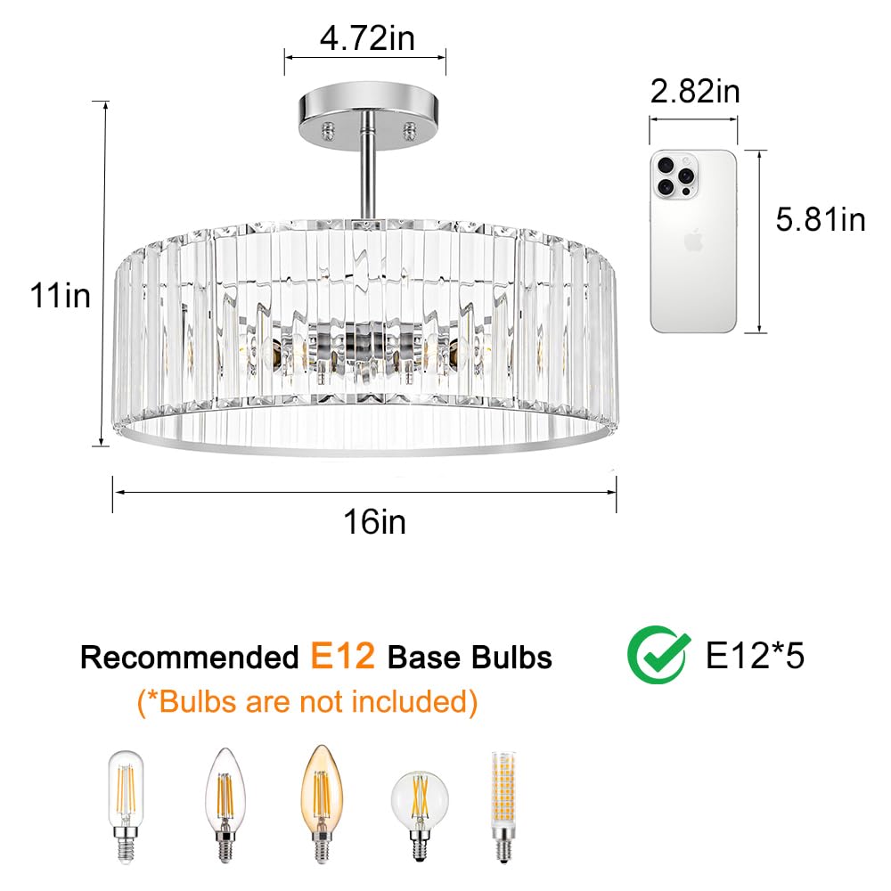 Lxybcce Modern Crystal Ceiling Light Fixture  Semi Flush Mount Ceiling Light  Chrome Hallway Lighting Fixtures Chandelier  Crystal Chandelier For Kitchen Bedroom Dining Room Closet  5-Light  16 Inch