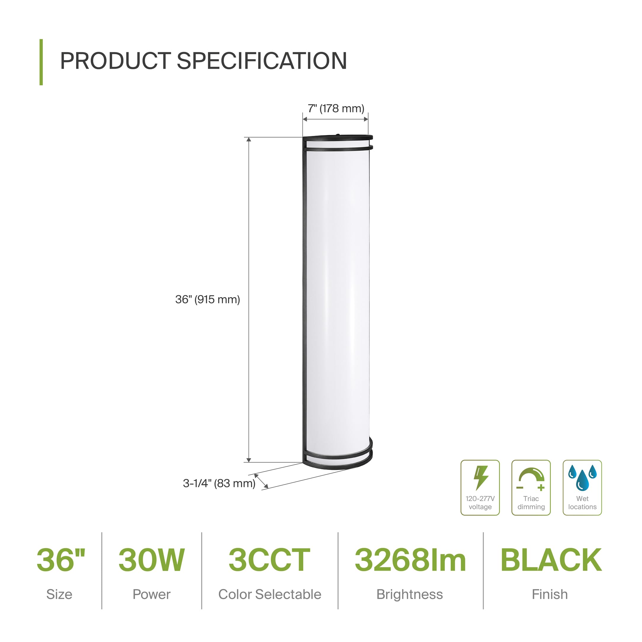 ASD 36 Inch LED Outdoor Wall Mount Light Fixture - Matte Black, Dimmable, 30W, ETL Certified, Model A-LWS21M36D30CCBK