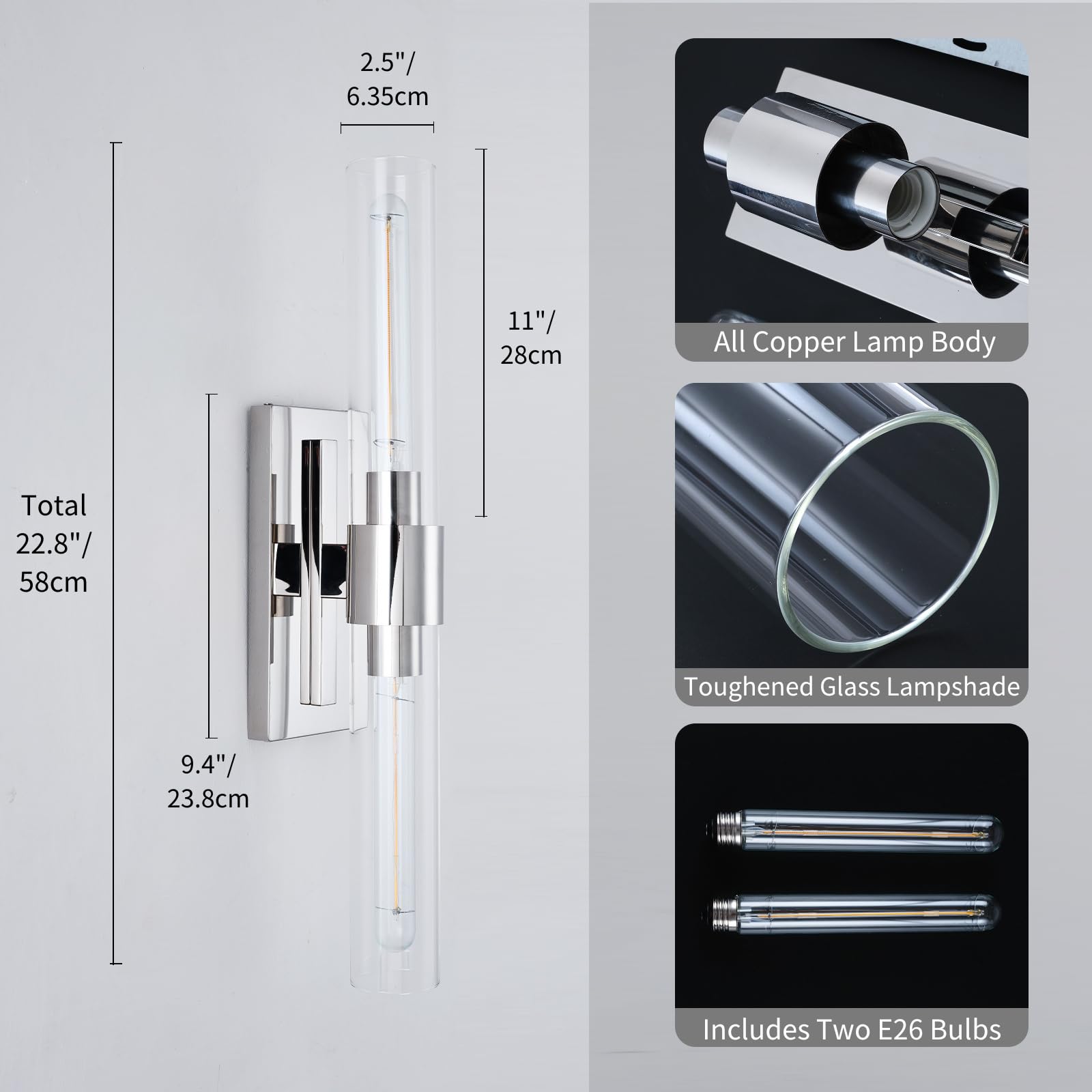 Bathroom Vanity Light Fixtures, Glass Tube Wall Sconces Set Of 2, Nickel Coloured Base, Bathroom Wall Lights, Bedroom Bedside Wa