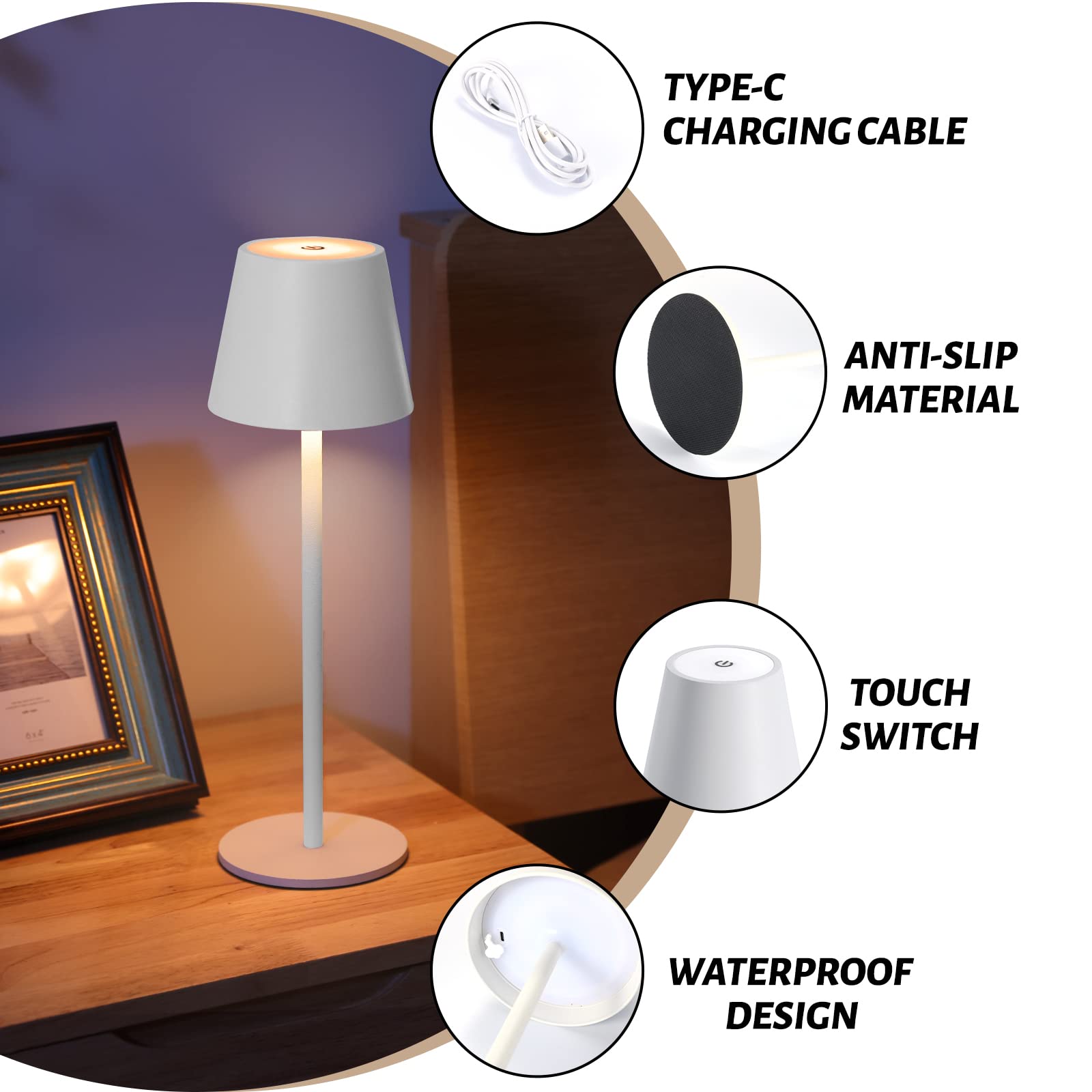 Maksone 2 Pack Led Cordless Table Lamp  6600Mwh Rechargeable Battery Desk Lamp  3000K Stepless Dimming Night Light  Ip54 Waterproof Metal Outdoor Portable Lamp For Camping  Restaurant (White)