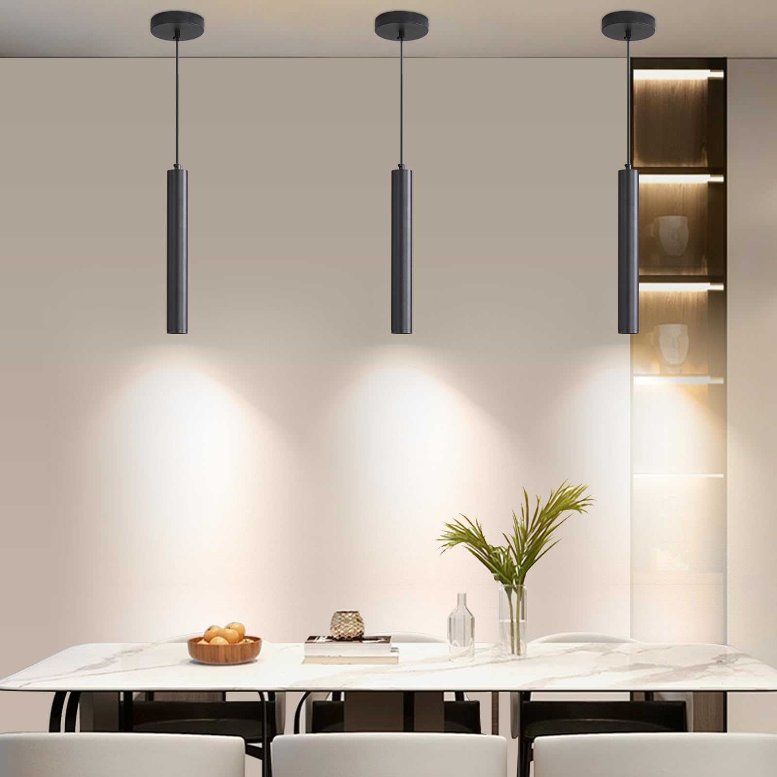 Daoseolo 2 Pack Mini Kitchen Island Pendant Light  Led Minimalist Ceiling Hanging Light  3 Color 3000K/4500K/6500K  Adjustable Height  Black Modern Linear Lamp Lighting For Dining Room  Bedroom  Bar
