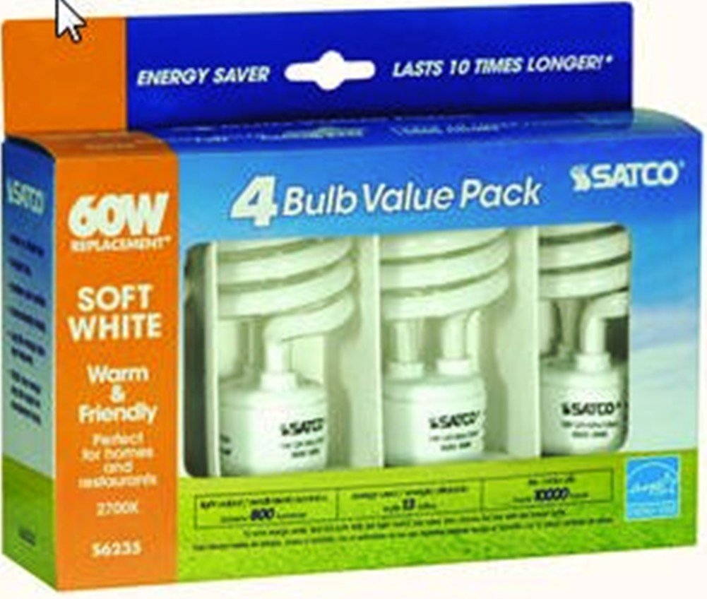 Satco Mini Spiral Compact Fluorescent Light Bulb - 13 Watt, 2700K, 900 Lumens, Medium Base - 4 Count (Pack of 1)