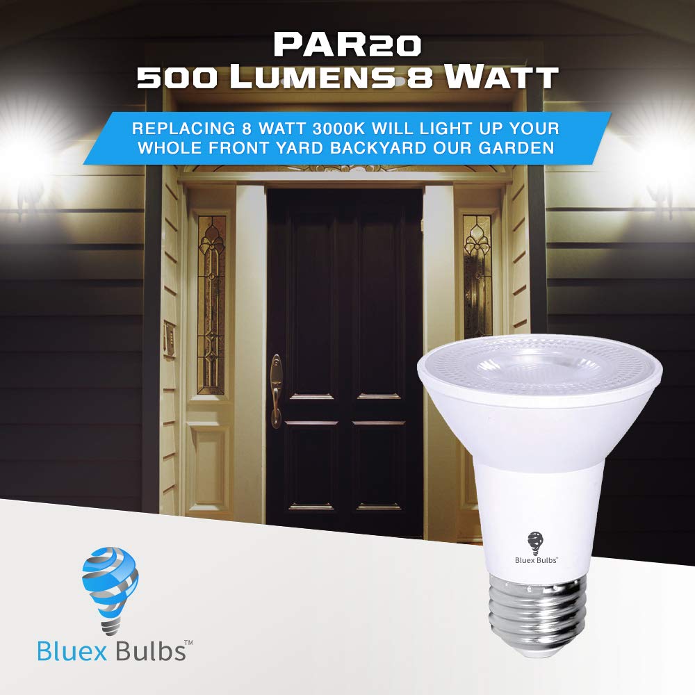 Bluex Bulbs 2 Pack PAR20 Outdoor LED Flood Light Bulbs 8W 5000K Cool White Dimmable Waterproof E26 75W Equivalent 500 Lumens