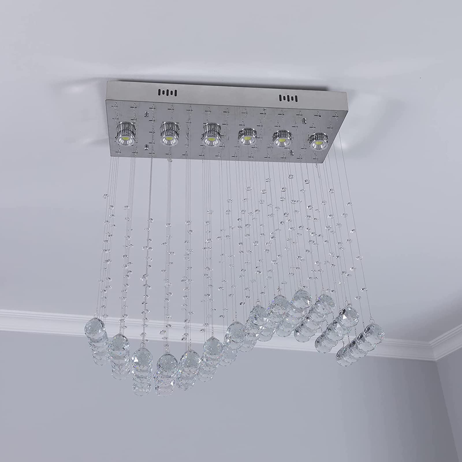 CRYSTOP Modern Wave Chandelier - Rectangular Crystal Raindrop Flush Mount Pendant Light Fixture - 23.6" x 9.8" x 27.6", Silver