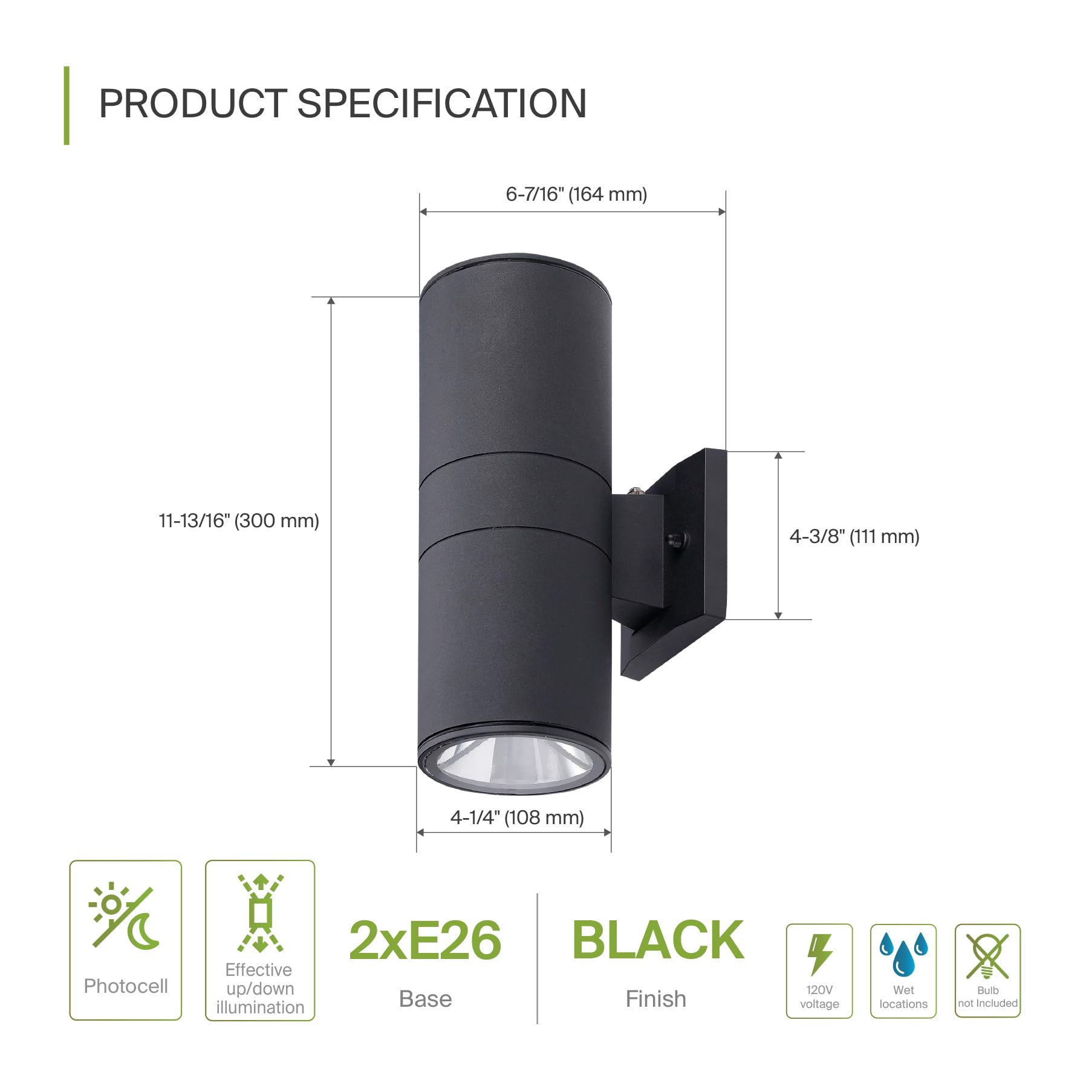 ASD Outdoor Wall Light Fixture | 2 Light Dusk to Dawn | 120W E26 Socket | Round Photocell | Black | Model A-OCLR-2A-PC-BK