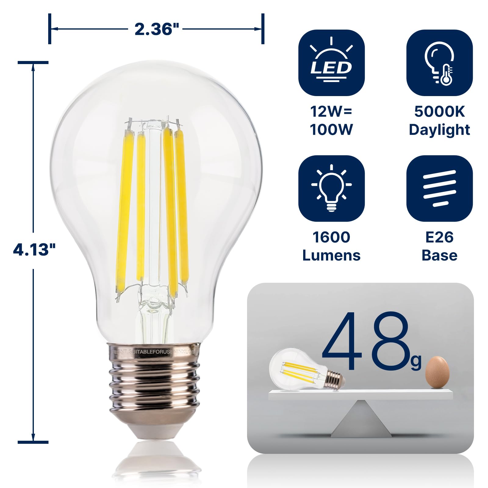 Flsnt 100W Equivalent A19 Led Light Bulbs, Efficient 12W, 1600Lumens, 5000K Daylight, Cri82, E26 Base, Led Filament Light Bulbs