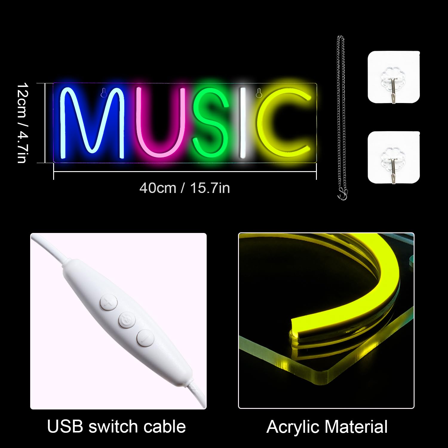 Lucunstar Music Neon Light,Neon Sign for Wall Decor Colorful Letters Neon Lights Sign Music Word LED Neon for Bedroom Game Room