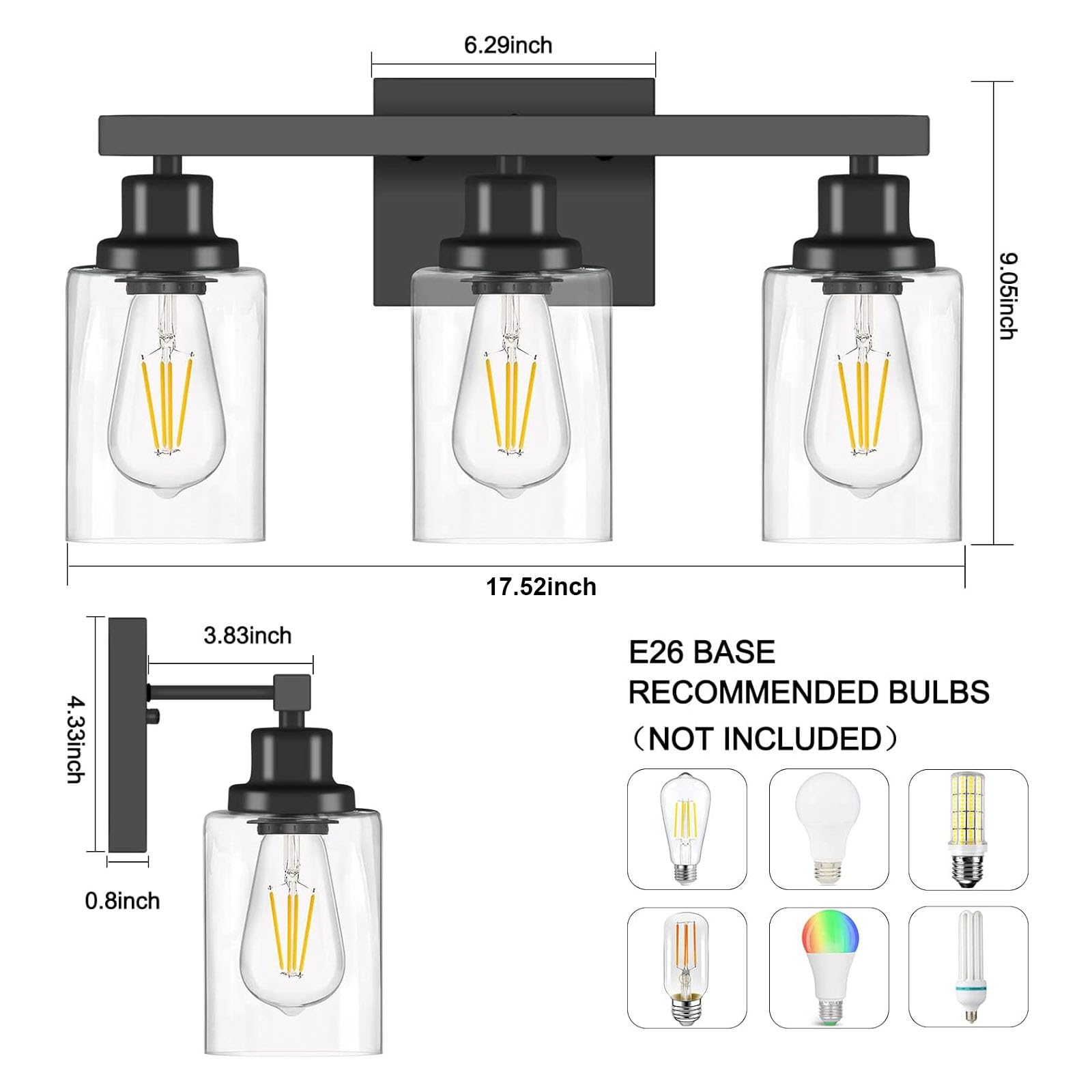 DIKAIDA 3-Light Black Bathroom Vanity Light Fixtures with Clear Glass Shade, Modern Wall Sconces for Bedroom and Living Room - Model BLBD-3