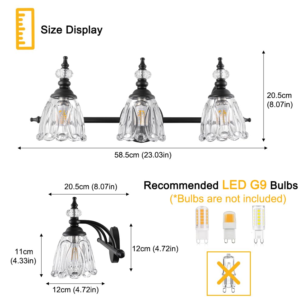 Ditoon Matte Black Bathroom Vanity Light, 3-Light Glass Shade Wall Sconce, Model DX230004V