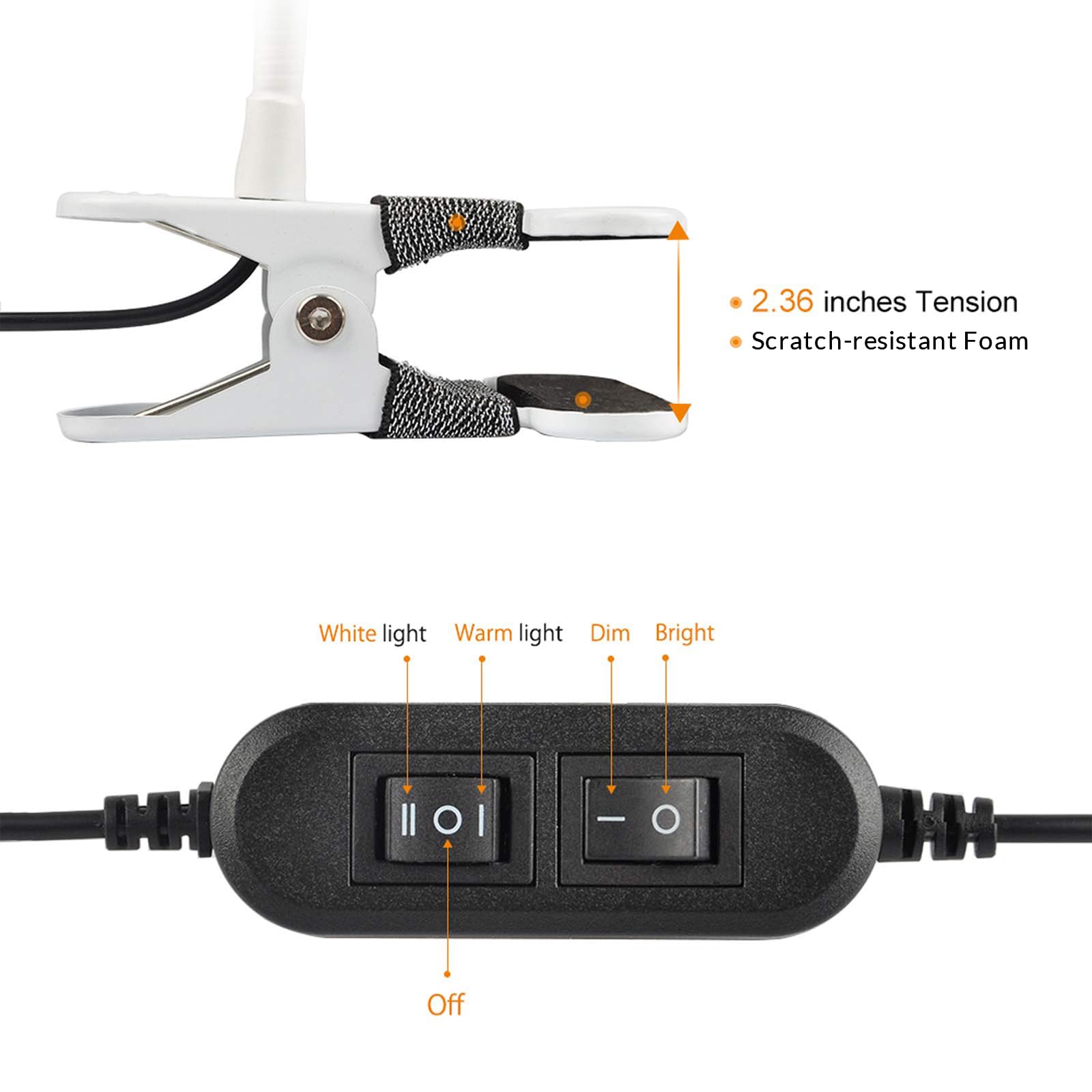 LEPOWER Clip-On Reading Light, Color Changeable Night Light for Desk & Bed, Adapter Included, White, 11*7.5*48.5cm