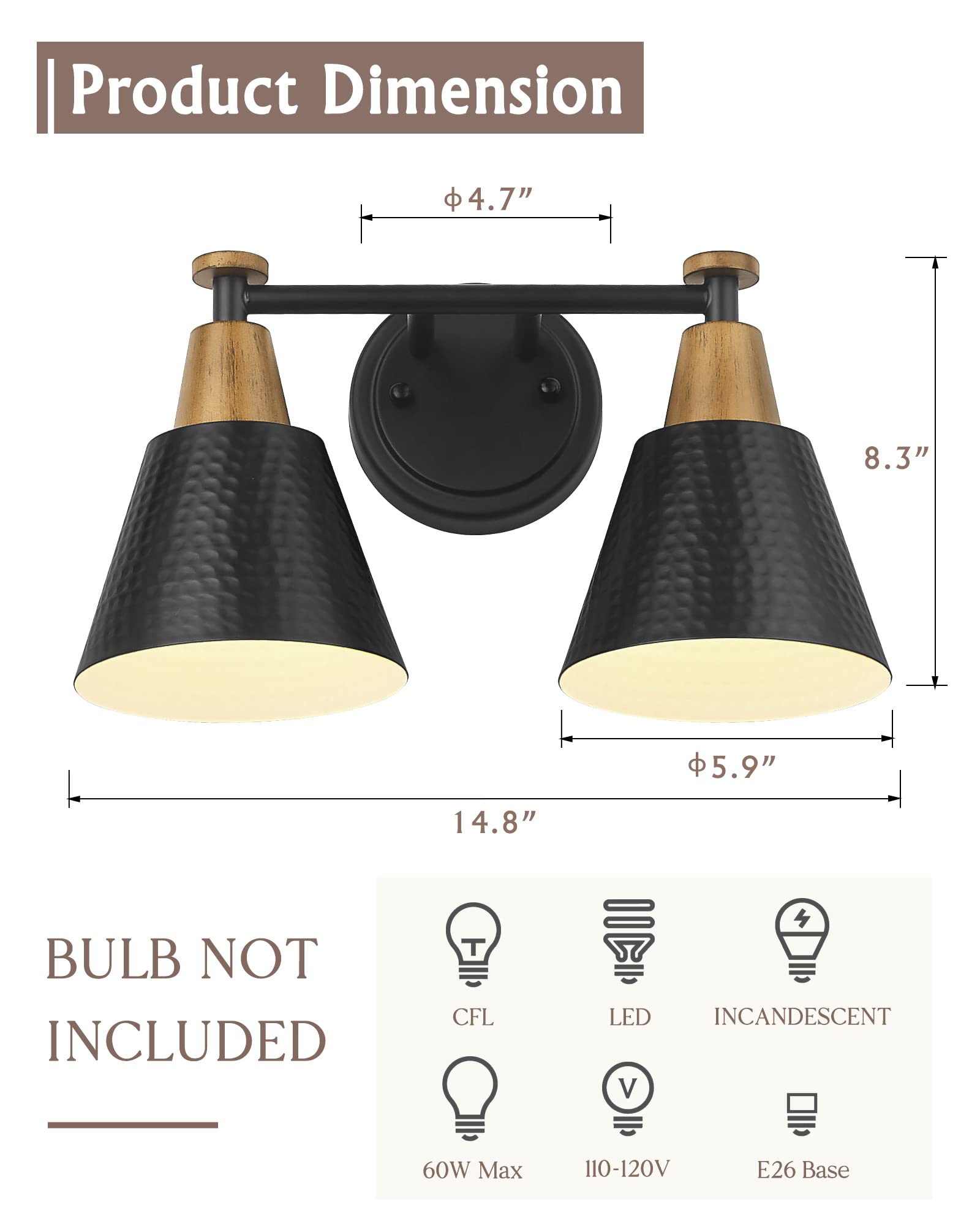FEMILA Black Bathroom Light Fixtures, 2-Light Bathroom Vanity Lights Over Mirror with Hammered Metal Shade, Modern Wall Sconces