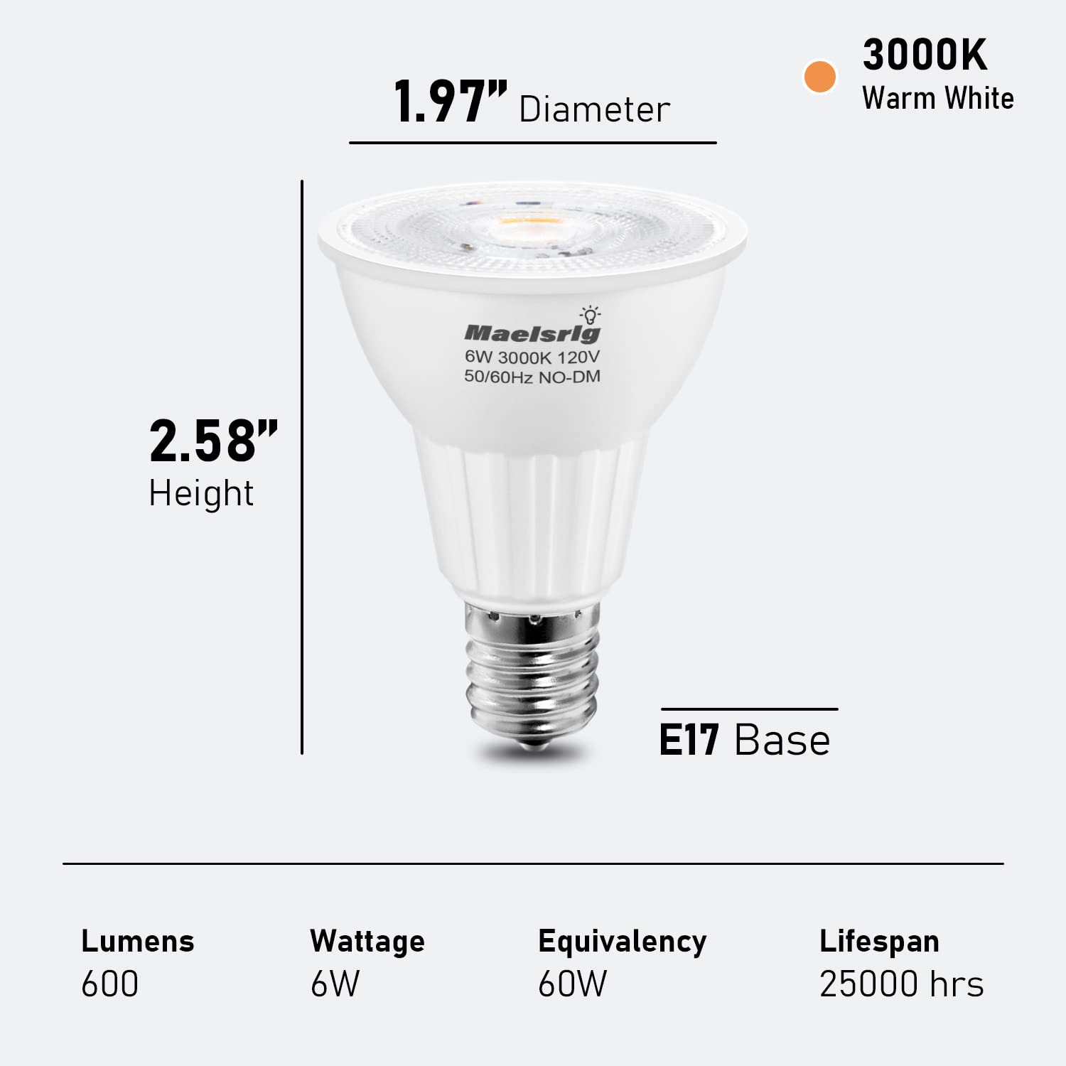 Maelsrlg E17 LED Bulb 6W Spotlight, Warm White 3000K, 600 Lumen, Pack of 2, Intermediate Base, Non-Dimmable