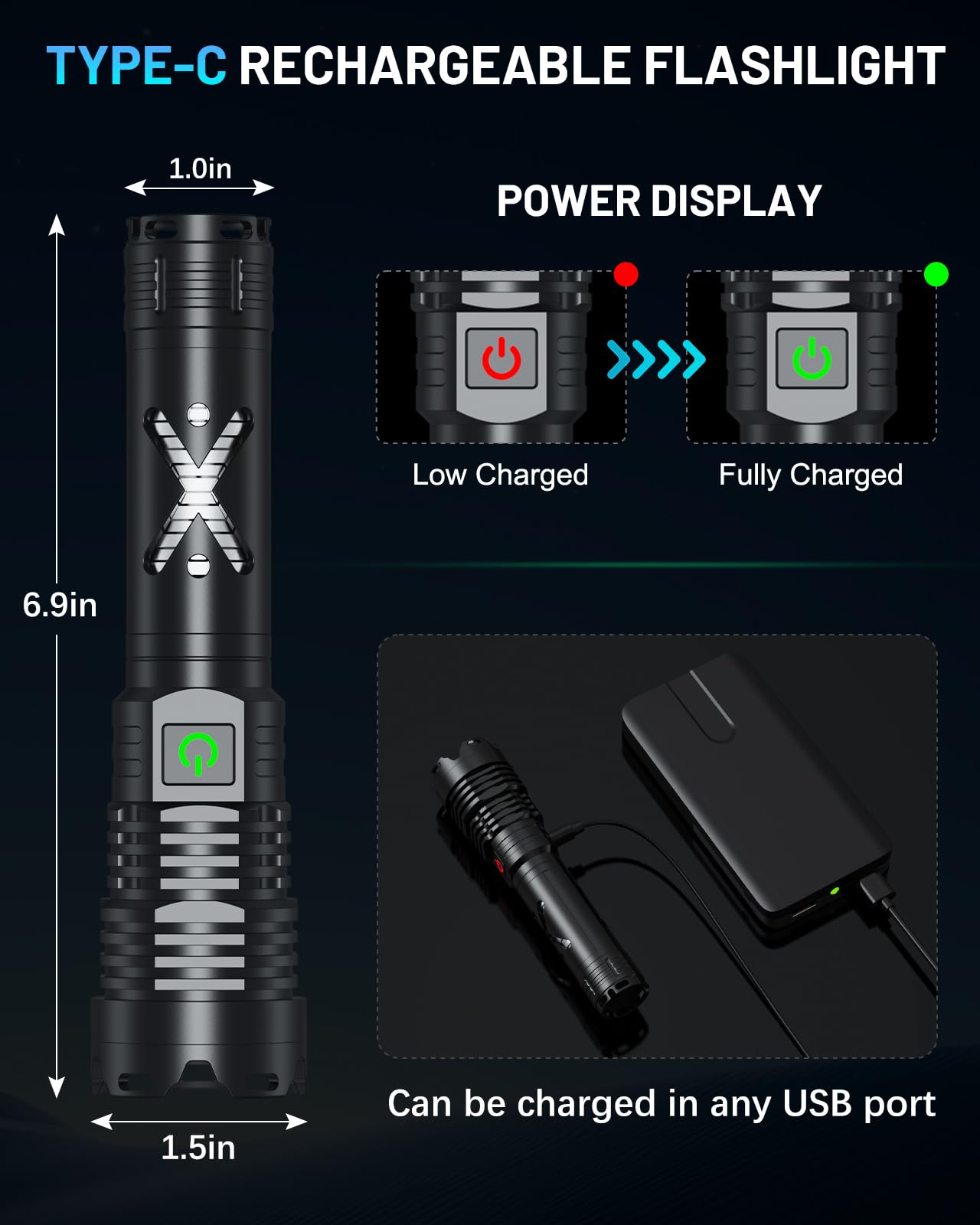 Grentay Rechargeable Flashlight, 150000 Lumen, 5 Modes, Mini Black, Zoomable, Waterproof, Model FH-Grentay-XHP160-B