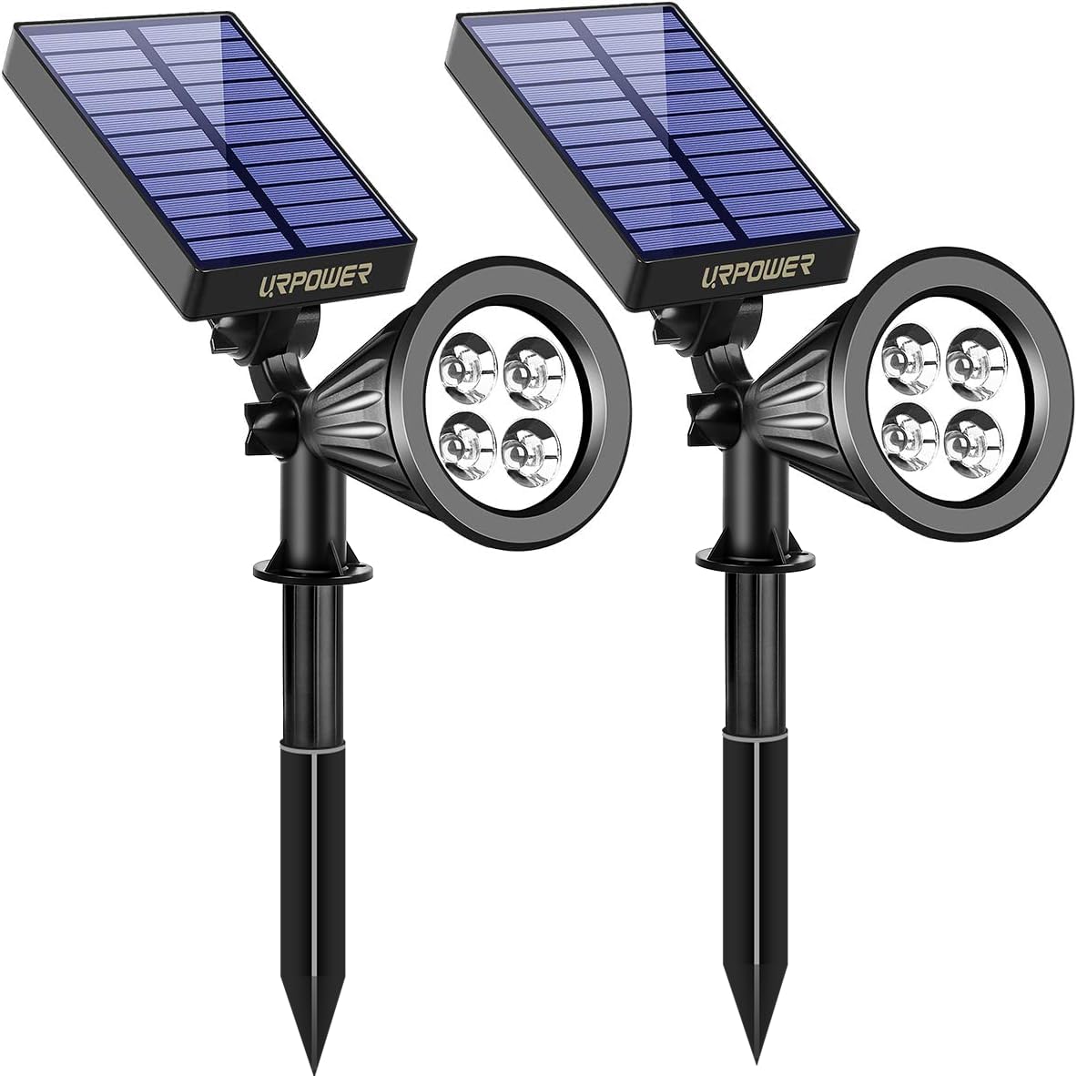 URPOWER Solar Spot Lights Outdoor, 4 LED, Waterproof, Dusk-to-Dawn, 2 Pack, Cool White