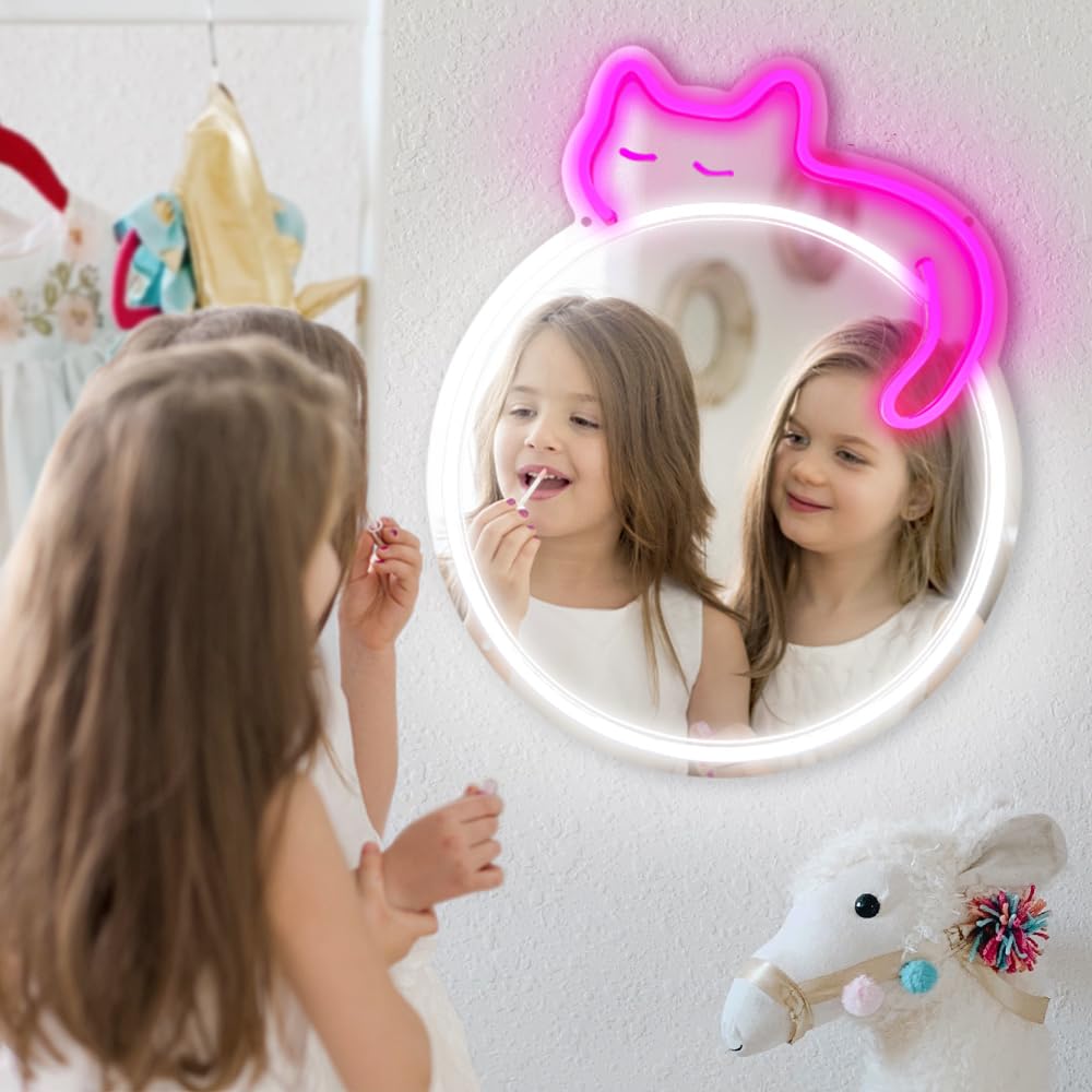 Jxin Cat Neon Signs Mirror 16.53X13.38 Usb Powered With Dimmer Led Cute Neon Light For Wall Room Decor Bedroom Living Room Party Studio Shop Birthday Gifts For Girls