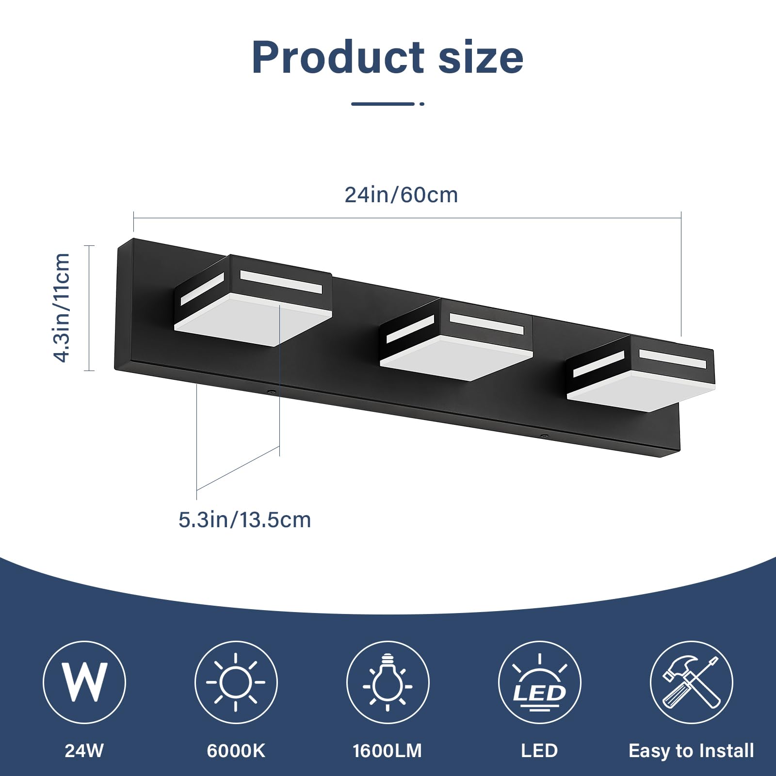 Donrao 24-Inch Black Metal 3-Light LED Bathroom Vanity Light Fixture, Cool White 6000K, Model DY2409200001