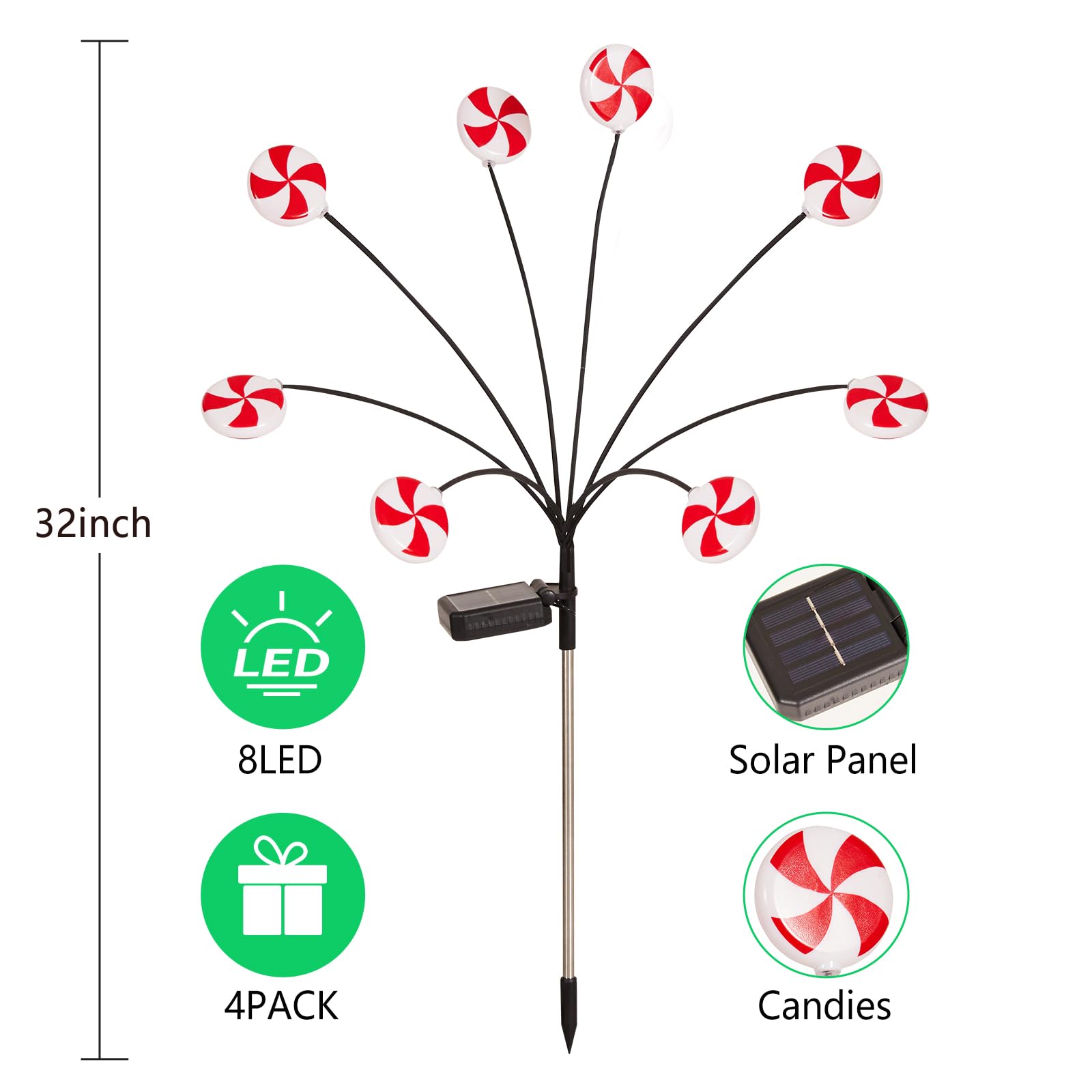 Huyieno Christmas Decorations Outdoor Candy Lights, 4 Packs 32Leds Solar Pathway Lights Swaying By Wind, 2 Modes Waterproof Sola