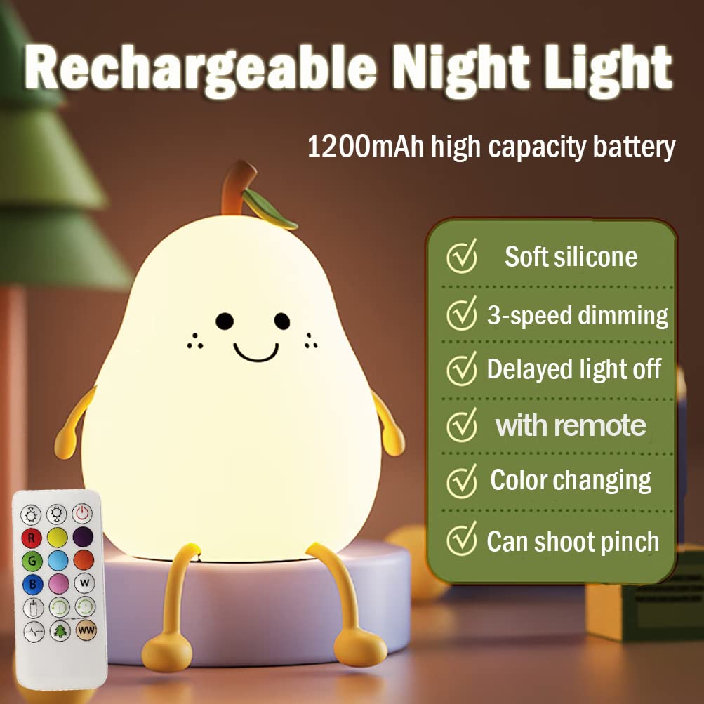 LEDHOLYT Night Light for Kids, Cute Silicone Nursery Pear Lamp for Baby and Toddler, Fruit NightLight with Remote, Squishy Night