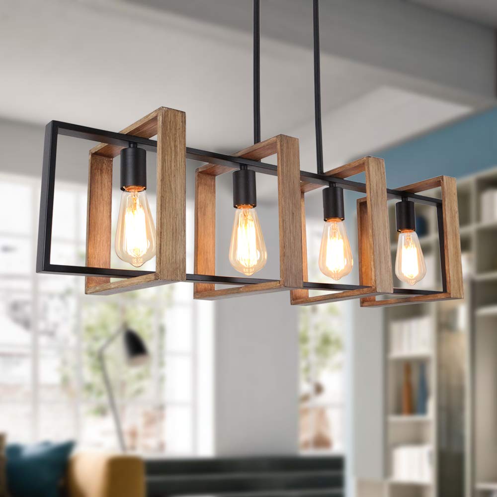 9MMML Kitchen Island Chandelier, 4-Light Wooden Frame, Matte Black Finish, Model P2028-04-WD