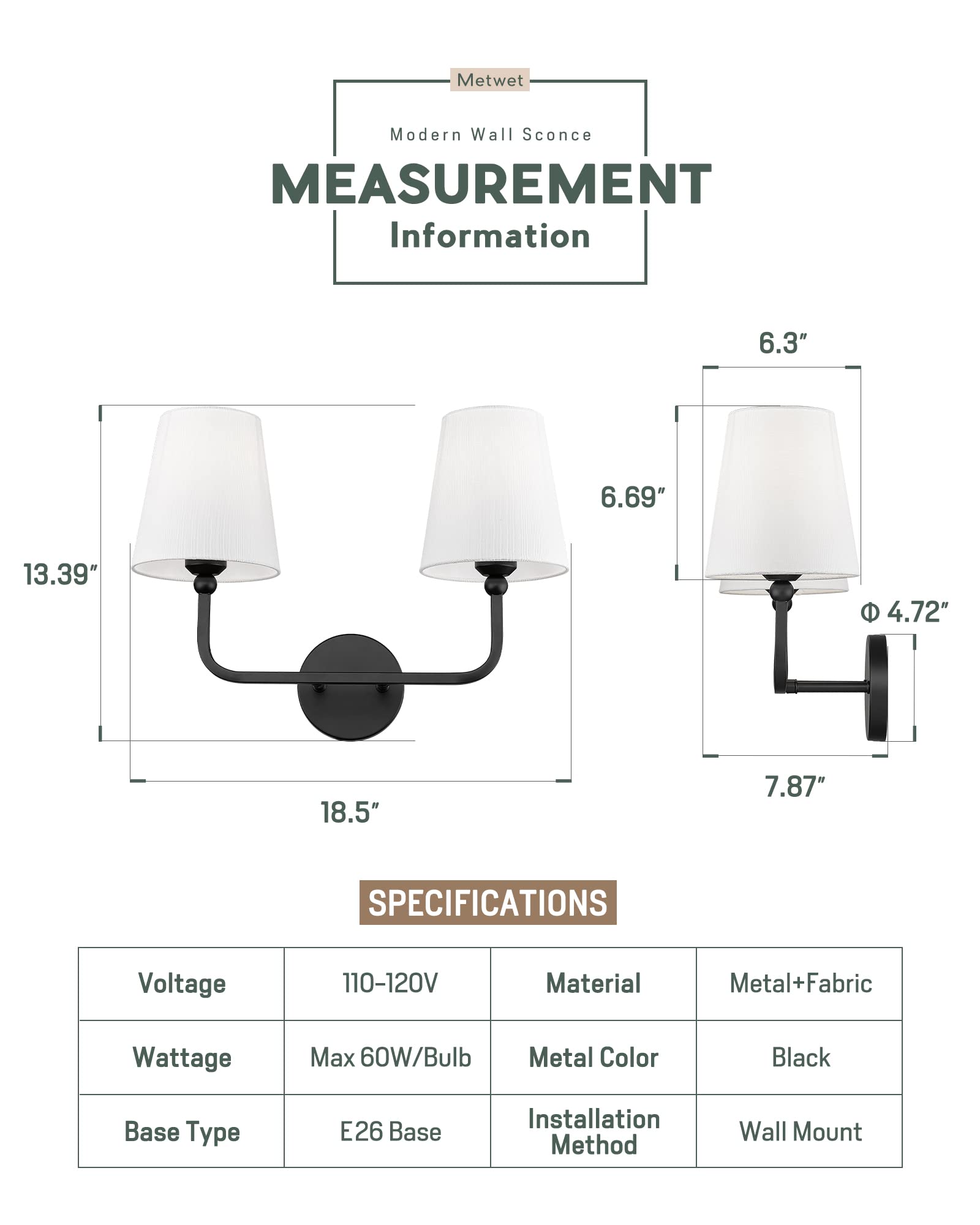 METWET 2-Light Bathroom Vanity Light, Modern Matte Black Metal Fixtures with Flared White Fabric Shade for Home, VL837-MB-2