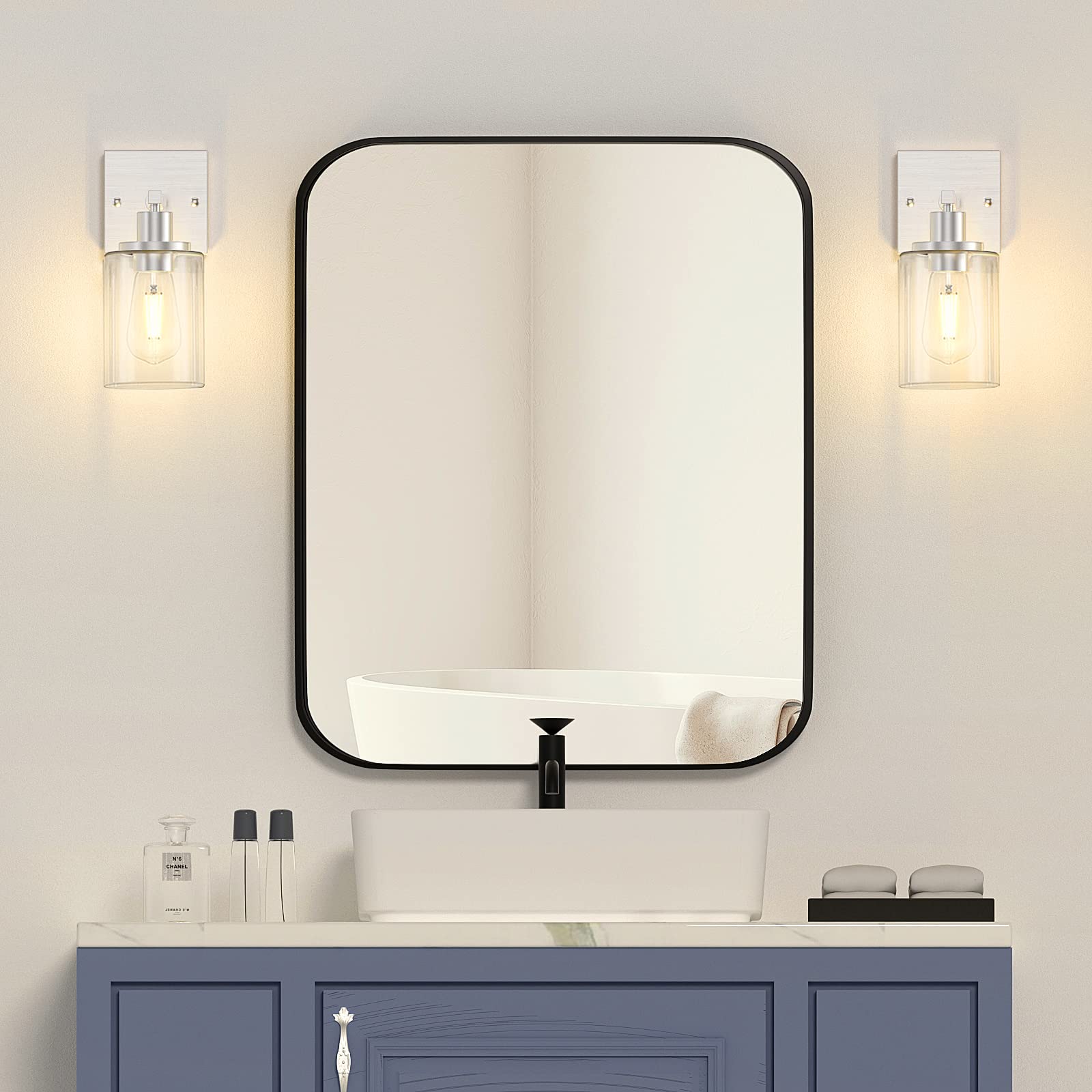 Licperron Wall Sconces Set of Two, Brushed Nickel, Metal, Clear Glass Shade, Industrial Design, Bathroom Vanity Lighting