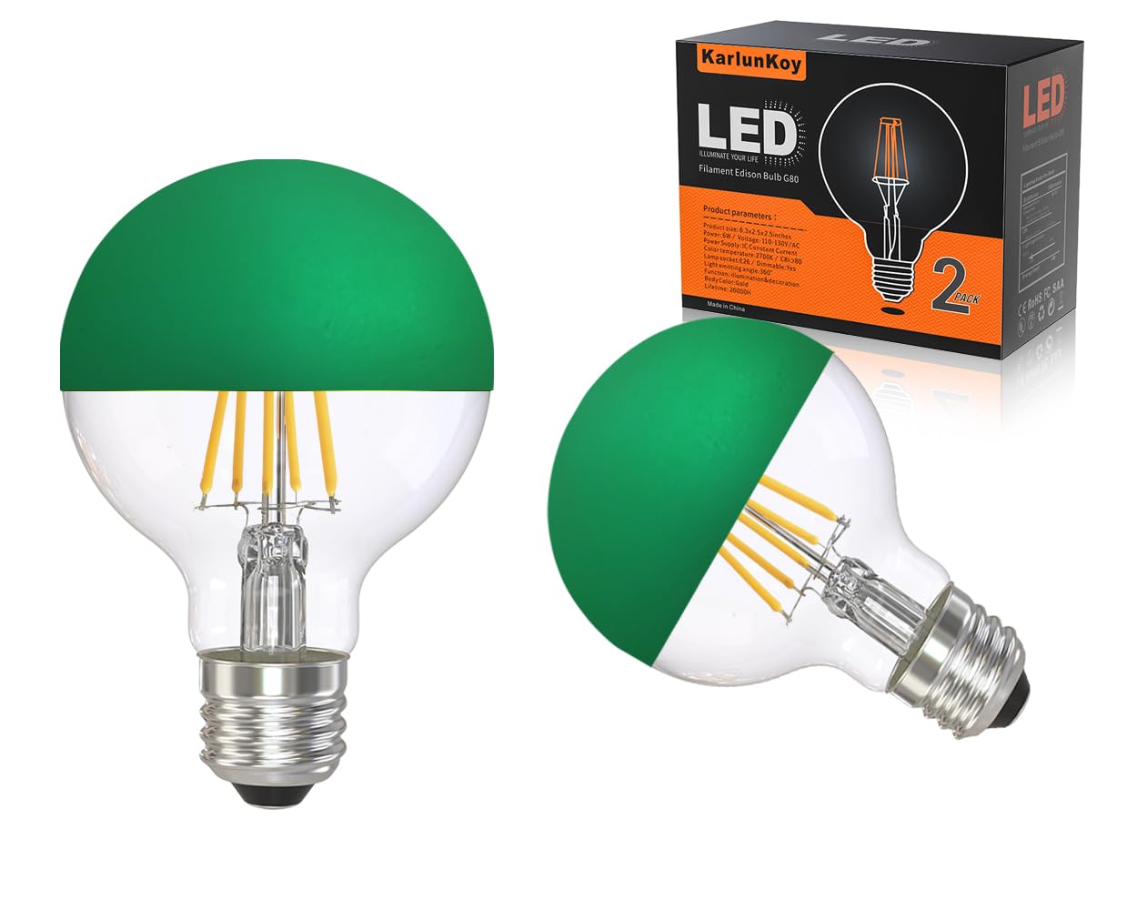 Karlunkoy Half Chrome Light Bulbs,Half Green Tipped Dimmable 6W (Equivalent 60Watt) Led Ediosn Light Bulbs,Soft White 2700K,G80/