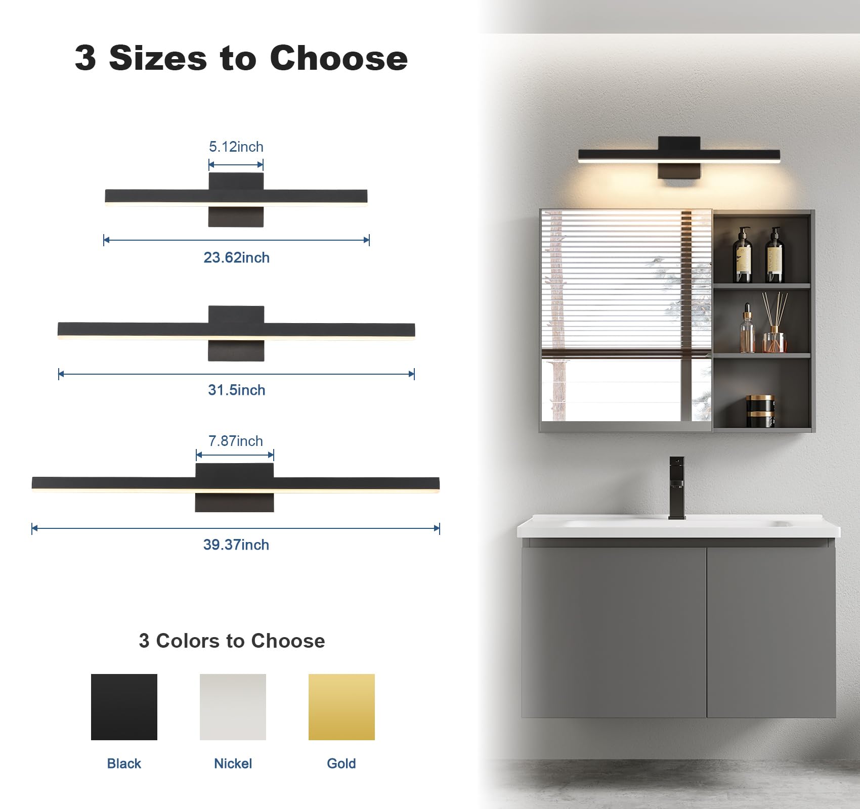 Joossnwell Vanity Light For Bathroom Lighting Fixtures Over Mirror 23.62 Inch Dimmable 5Cct Modern Vanity Lights Black Bathroom