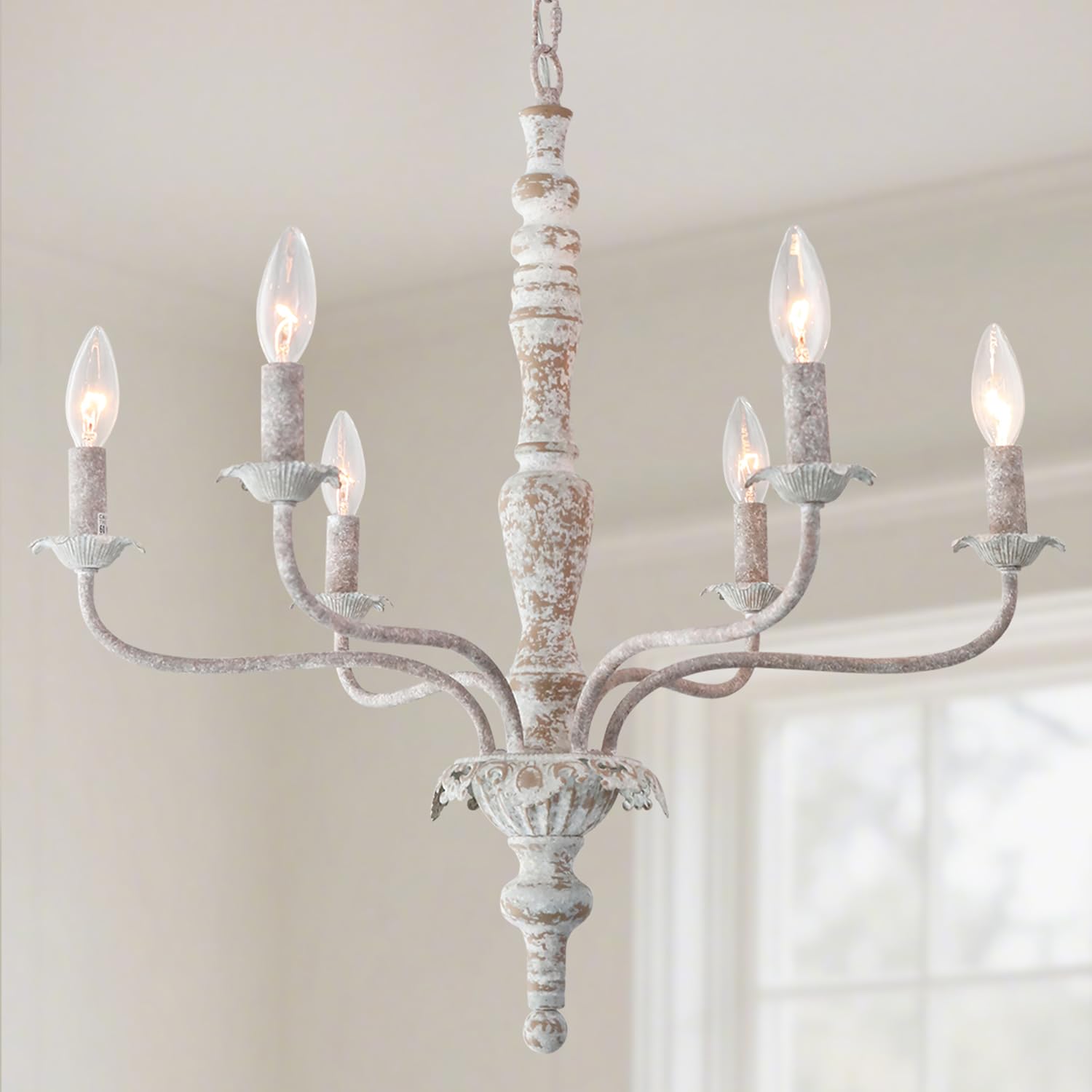 Fminlla 6-Lights French Country Chandelier Farmhouse Rustic Distressed Wood White Chandelier Vintage Modern Candle Style Wooden Chandeliers for Dining Room  Living Room  Kitchen Island  Bedroom  E12