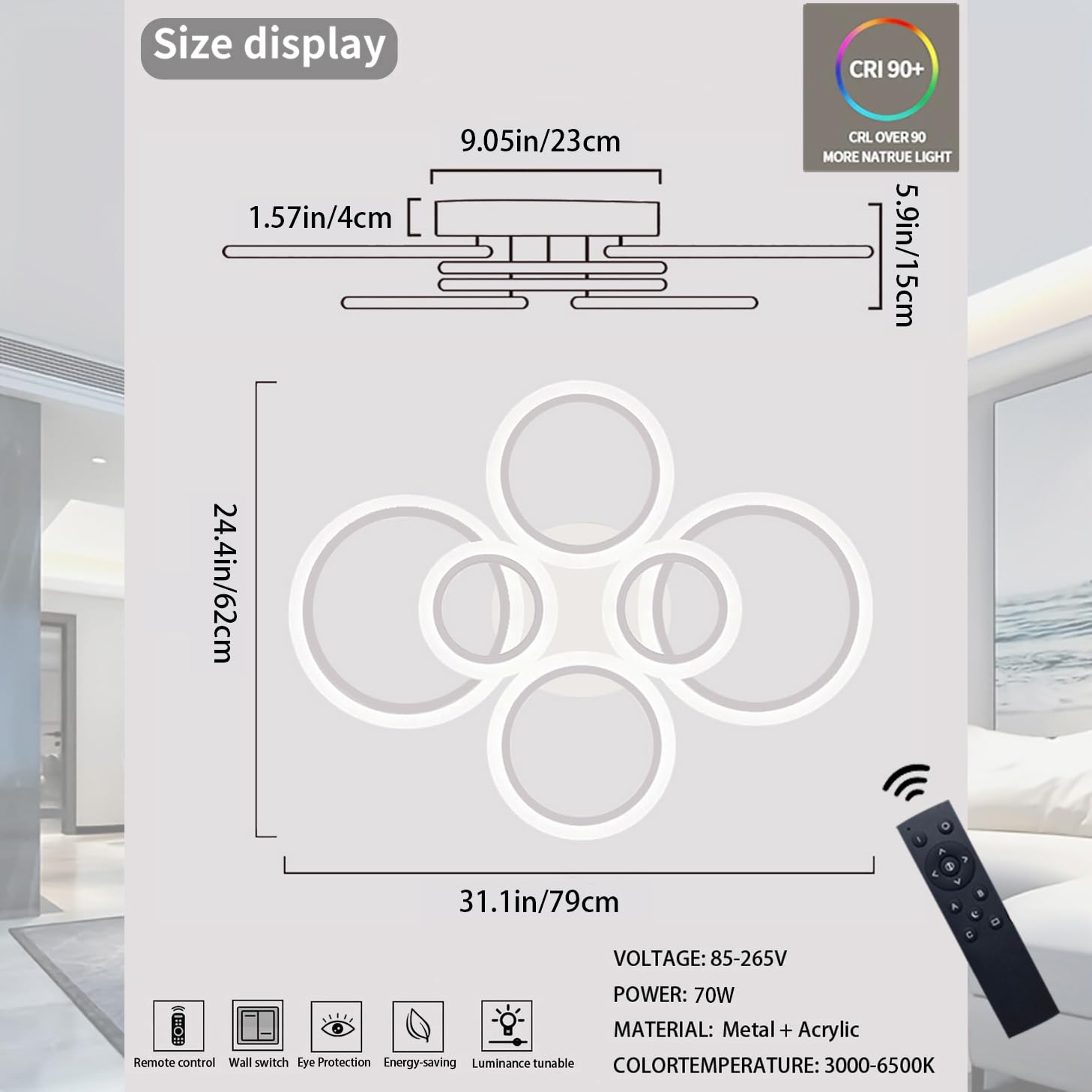 Cyaruy Modern Led Semi-Flush Mount Ceiling Light, Remote-Controlled 3000K-6500K Dimmable, 6-Rings White Round Chandelier Ceiling