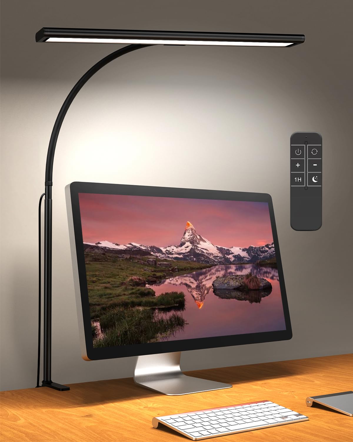 Desk Lamp with Remote, Adjustable Brightness, Eye-Caring LED Light, Rotatable Head, USB with Adapter, Space-Saving Design for Of