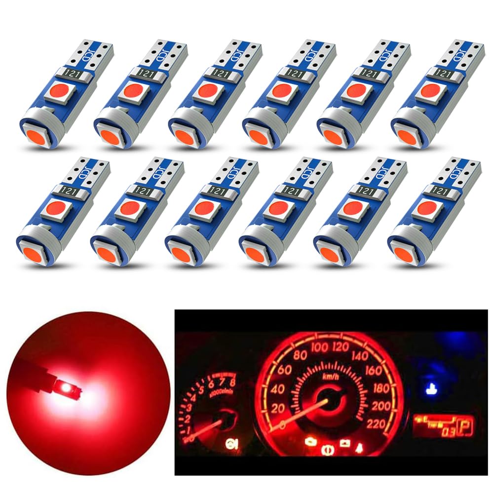 Nanpoku T5 LED Bulbs 74 73 37 2721, Red, Canbus Error Free for Auto Dashboard, Gauge Cluster Indicator Lights, 12PC