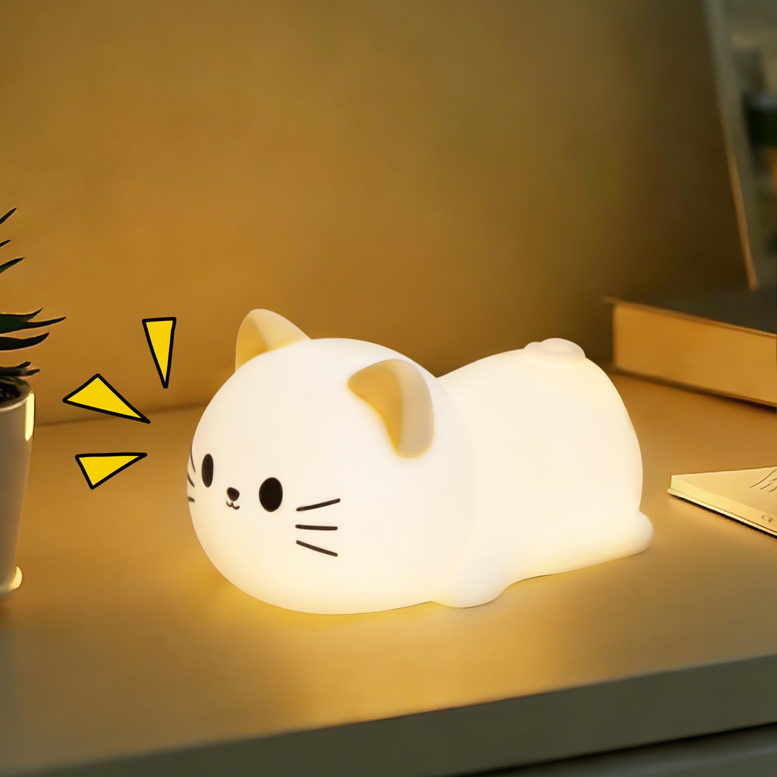 Cat Night Light & Lamp for Baby Nursery - Soft Lying Kitty Nightlight, Dimmable and 7 RGB Colors, Switchable Animal Sound,Rechar
